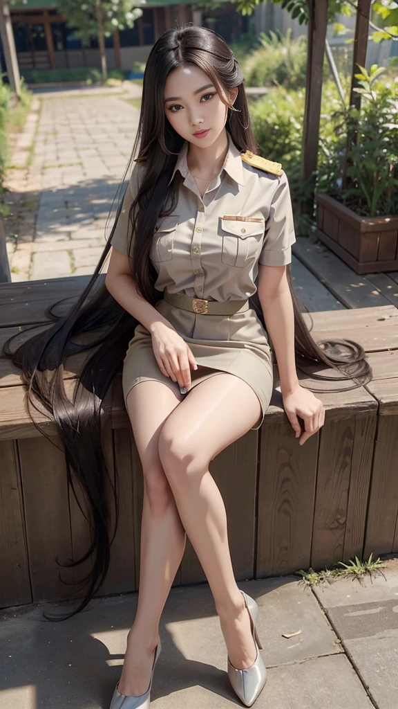 Khaki suit, khaki civil servant, Thai teacher uniform:1.3, Beautiful girl with extra long hair, Two meter long hair, Long hair that catches the eye, long black hair, Her hair is very long., Long, shiny hair, Long, thick, soft hair, Extra long hair, Dynamic posts, like full body, Short sleeve shirtสีกากี, short pencil skirtสีกากี, side cut, Decorated with military insignia., black high heels, The sexiest, small waist, hips raised, small thighs, Long legs, Huge breasts, Huge breasts:1.5, big breast, Very big breasts, Eye-catching breasts, A gigantic rift, Not completely covered, big breast, Huge breast, Big tits D, สาวTwo meter long hair, Beautiful face, red lips, Very shiny, แต่งBeautiful face, Military rank insignia, short pencil skirt, tight, ultra short skirt, very short skirt, Wear a miniskirt., Short sleeve shirt, tight fitting, in the background, blurred garden.,