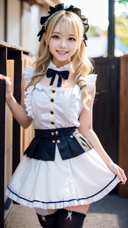 (Very cute 20 year old young woman from Japan), ((bright blonde delicate hair)), ((Short hair with side wave twintails)),(((Slender and slender body type))),medium bust size、small breasts、 (((clean hands))),(Curly/kinky hair),(((very sweet smile))), (((She is wearing navy blue and white lace panties))),(((She is wearing a navy blue and white knit dress.))) ,((top quality, 16 km race, muste piece: 1.3)), light on face, super detailed face, highly detailed lips, detailed eyes,