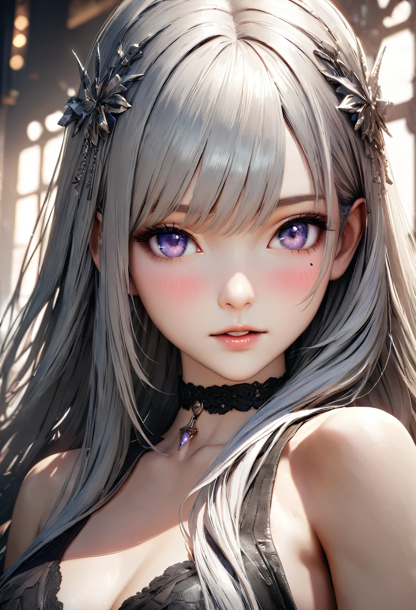 Masterpiece, Best Quality, Super Detailed, High Definition, Expensive Resolution, HDR, 4k, 8K, Unity 8k Wallpaper, Super Detailed CG, Masterpiece, Realistic, 2D, 3D, Beautiful Details, Depth, Fine Texture, Super Fine: 1.3, Complete concentration, crispy skin, him, very cute anime girl, high , expensive silver long hair, one girl, silver long hair, high , mole under the eye, gaze, expensive, blush,, parted Lips, hair ornament, heart, purple eyes, choker