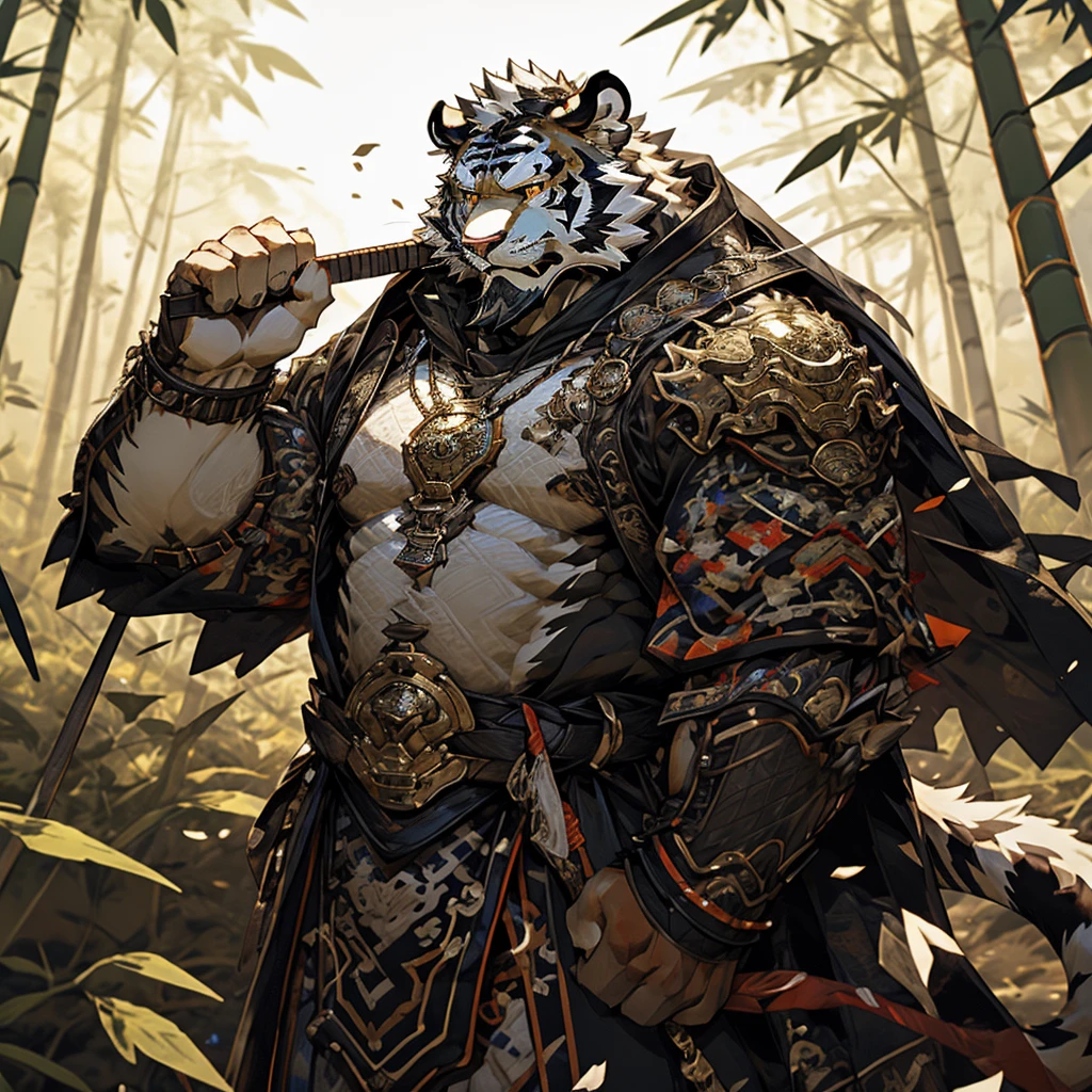 白色皮肤tiger),(黑白阴阳General战袍),Holding a long sword,坚Strong姿态,stand calmly,(The background is a dark deep forest covered with bamboo:1.2),abdominal muscles,heroic posture飒爽,完美的masterpiece,Various facial details,distance perspective,specific description,masterpiece,CG,(golden eyes),black and white pattern,Crimson tail,General,heroic posture,tiger,black and white fur,specific facial details,Half body,(黑白阴阳General战履),(Chang Ling),((middle aged)),(Face focus),(16K),HD,black and white belly，wilderness,beard,(Noodles),different students,(Black and white yin and yang shirt),(Black and white hair),Strong,muscle,(High resolution:1.3),(Standing deep in the deserted bamboo forest),(close up),(Detailed face:1.5),Perfect details,(Half body),(facial detail depiction:1.5),(Zoom in on face:1.5),(白色Noodles:1.2),(黑色beard:1.3),(white face;1.6),white body