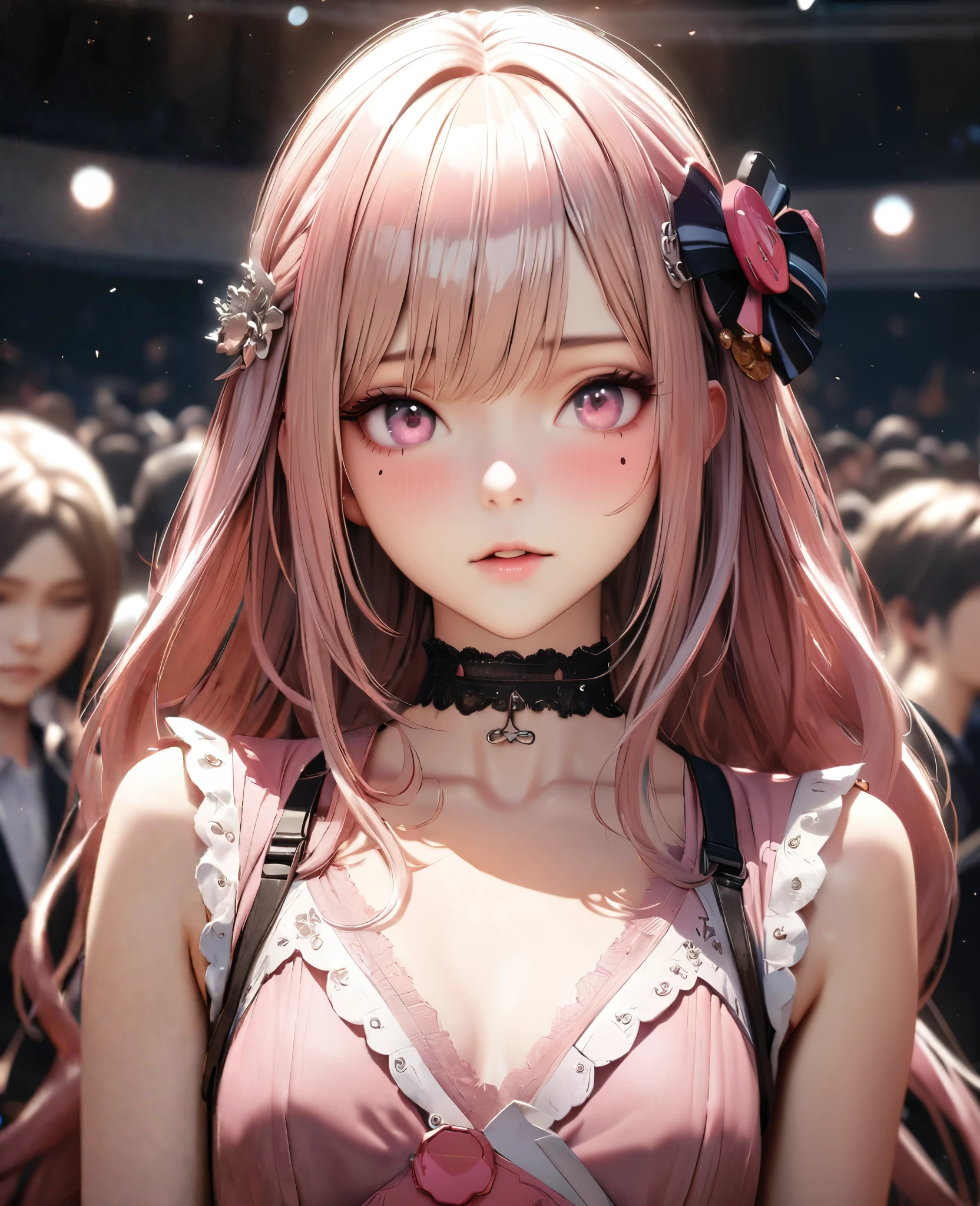 Masterpiece, Best Quality, Super Detailed, High Definition, Expensive Resolution, HDR, 4k, 8K, Unity 8k Wallpaper, Super Detailed CG, Masterpiece, Realistic, 2D, 3D, Beautiful Details, Depth, Fine Texture, Super Fine: 1.3, Complete concentration, crispy skin, him, very cute anime girl, high , expensive semi-long hair, one girl, solo, Watch the audience,pink semi-long hair, high , mole under the eye, line of sight, expensive, blushing, parted closed lips, hair ornament, heart, pink eyes, choker