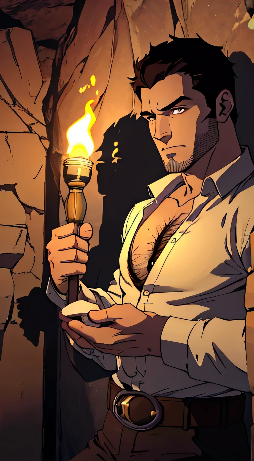 masterpiece, best quality, high resolution, sharp focus, ultra detailed, (dark scene:1.6), (lots of shadows:1.4), detailed face, high detailed face, detailed face and body, 1 man, solo, upper body, 35 year-old male, male focus, (muscular:1.4), (lean muscle:1.2), (thin:1.2), white skin, handsome, perfect face, strong jaw, roman nose, high cheekbones, (dark brown fedora hat:1.2), (light brown hair:1.4), (very short hair:1.4), (hair parted on side:1.4), brown eyebrows, brown eyes, eyes open, mouth closed, frowning, (facial stubble:1.0), (light brown safari shirt:1.6), (unbuttoned chest:1.9), (hairy chest:1.4), (hairy pectorals:1.4), (large pectorals:1.8), pectoral lift, (hairy hands:1.8), (carrying a torch:1.6), (small waist:1.4), (dark brown trousers and belt:1.6), (large bulge:1.6), homoerotic, (background is a cave:1.4)