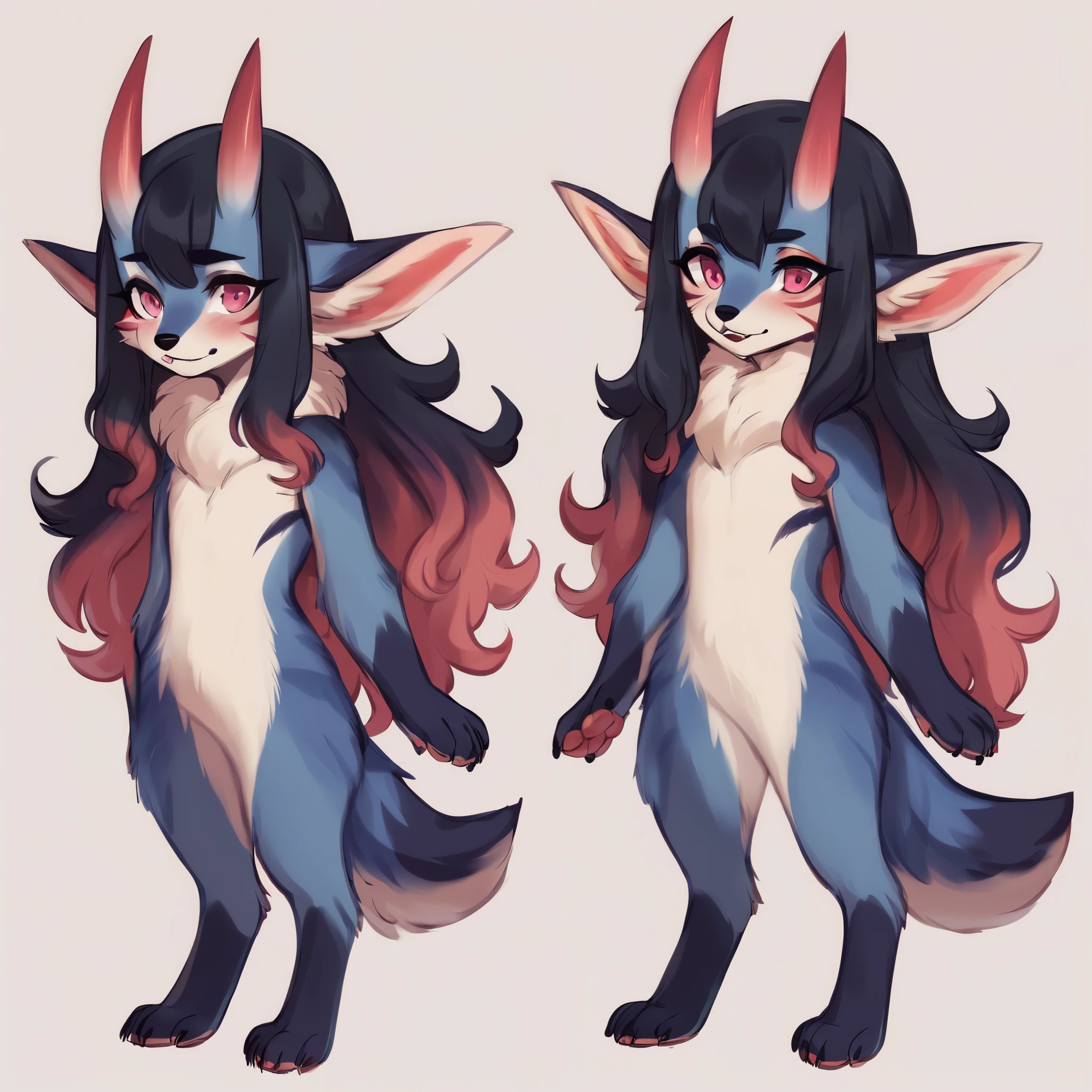 score_9, score_8_up, score_7_up, score_6_up, score_5_up, score_4_up, show accurate, (full body), hungry body, simple background, (solo), (semi anthro), furry, animal furry, female, standing, (ultrafine fur) ((dark blue fur)), (neck covered by white color mane), (little white oni horns with pink), (white chest) dark pink eyes, (long hair), (black hair), (straight hair), white snout, canine paws, 