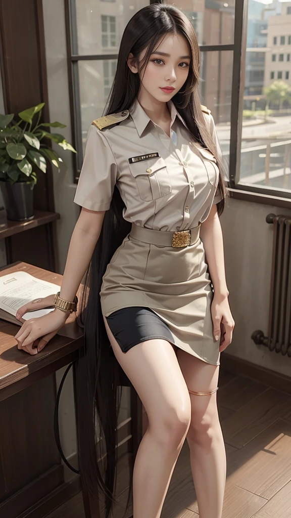 Khaki suit, khaki civil servant, Thai teacher uniform:1.3, Beautiful girl with extra long hair, Two meter long hair, Long hair that catches the eye, long black hair, Her hair is very long., Long, shiny hair, Long, thick, soft hair, Extra long hair, Dynamic posts, like full body, Short sleeve shirtสีกากี, short pencil skirtสีกากี, side cut, Decorated with military insignia., black high heels, The sexiest, small waist, hips raised, small thighs, Long legs, Huge breasts, Huge breasts:1.5, big breast, Very big breasts, Eye-catching breasts, A gigantic rift, Not completely covered, big breast, Huge breast, Big tits D, สาวTwo meter long hair, Beautiful face, red lips, Very shiny, แต่งBeautiful face, Military rank insignia, short pencil skirt, tight, ultra short skirt, very short skirt, Wear a miniskirt., Short sleeve shirt, tight fitting, in the background, blurred garden., holding a textbook,