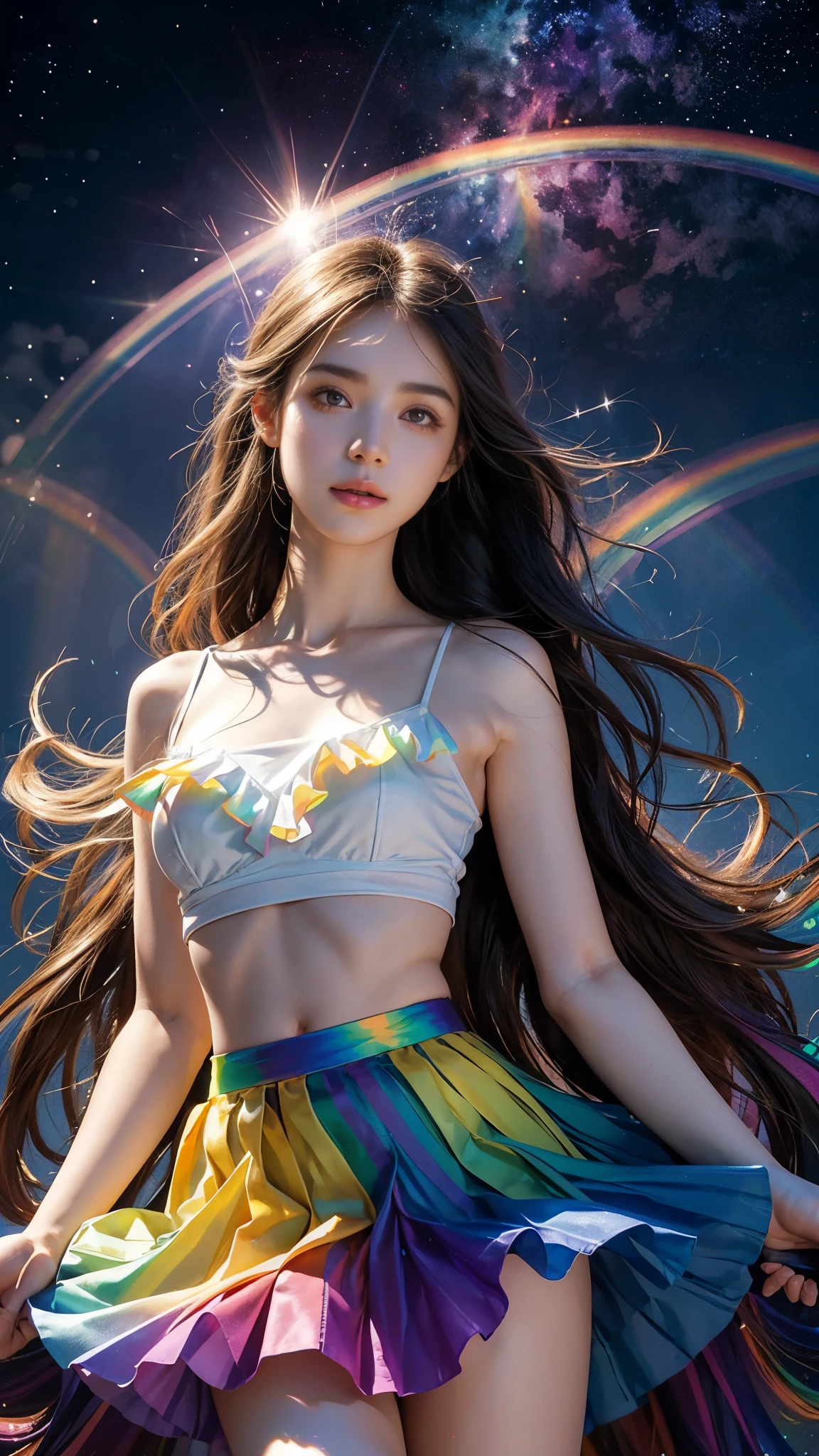 4K Ultra HD, Masterpiece, A girl with a magical aura, (good face:1.4), very Long hair, Detailed eyes, Glossy lips, ta costume, (rainbow skirt:1.5), The aura around the body, Magical effect, Spread white light, Cosmic elements and ethereal atmosphere, A mix of bright lights and colorful nebulae, universe background, (Perfect body:1.5),