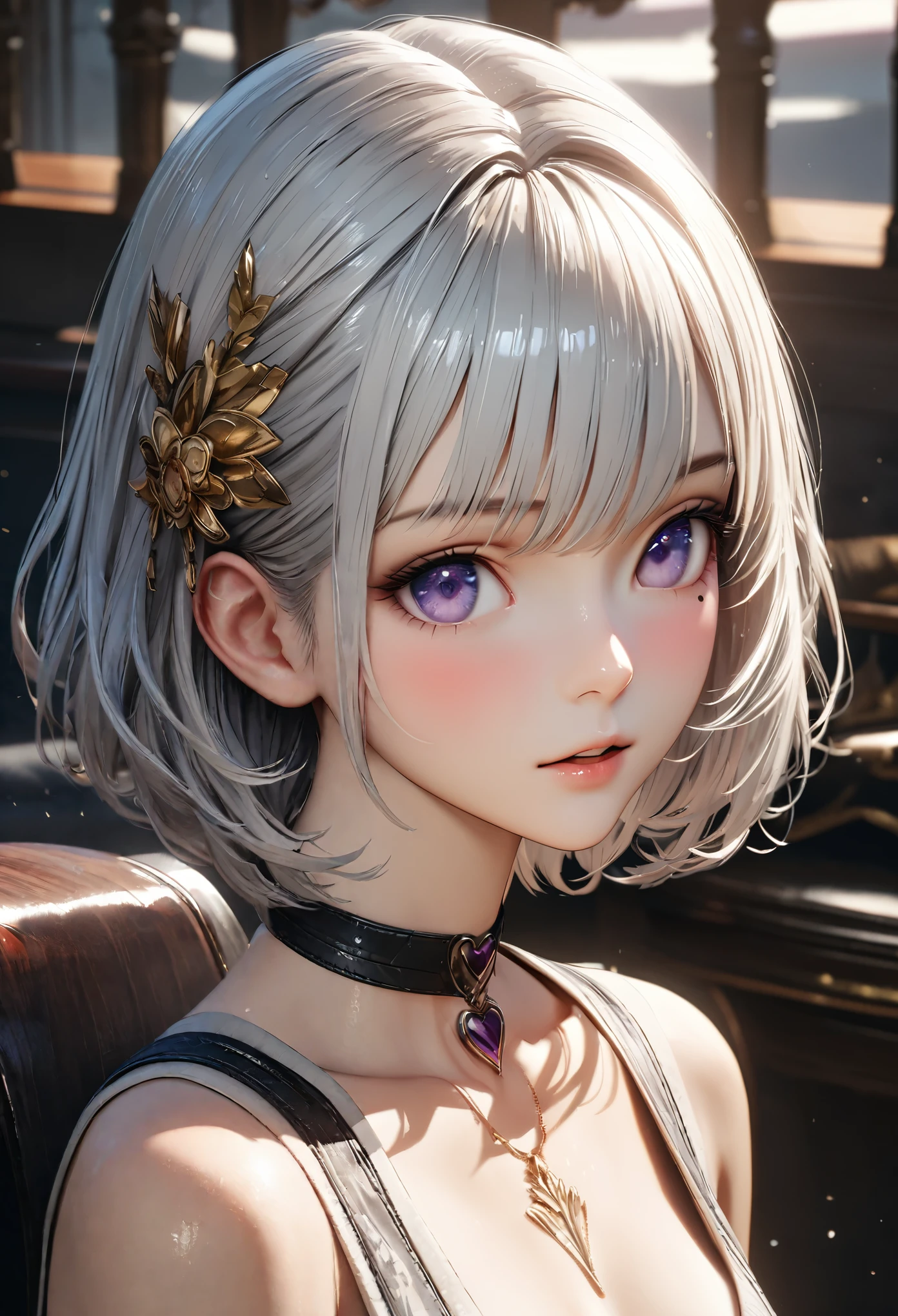 Masterpiece, Best Quality, Super Detailed, High Definition, Expensive Resolution, HDR, 4k, 8K, Unity 8k Wallpaper, Super Detailed CG, Masterpiece, Realistic, 2D, 3D, Beautiful Details, Depth, Fine Texture, Super Fine: 1.3, Complete concentration, crispy skin, him, very cute anime girl, high , expensive silver short hair, one girl, silver short hair, high , mole under the eye, gaze, expensive, blush,, parted Lips, hair ornament, heart, purple eyes, choker