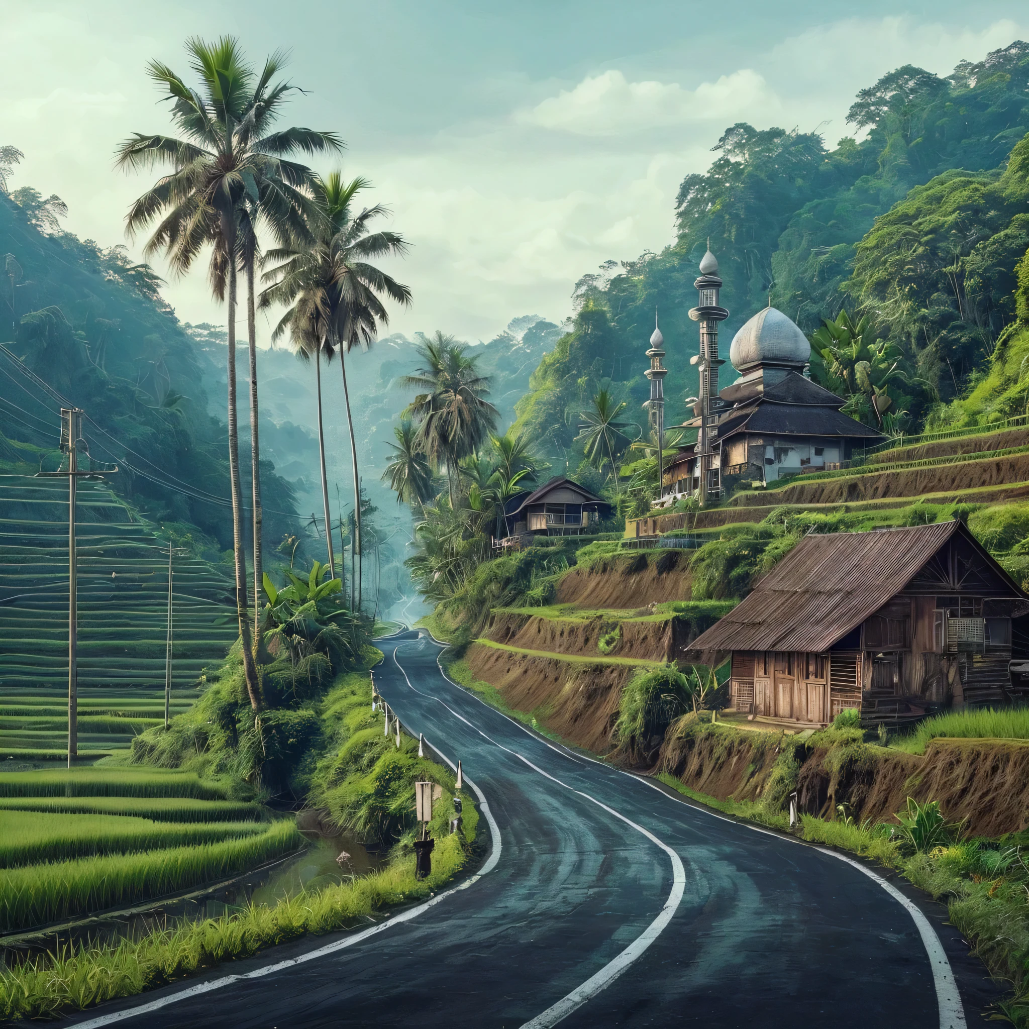 jalan hitam yang berbelok dan menurun tajam, di samping sawah yang undak, terlihat dua batang pohon kelapa, gubug kayu di samping jalan tersebut, background di kaki hutan yang rimbun yang menggunung tinggi, pagar jalan, tiang listrik di pinggir jalan, sejuk,
, 𝘰𝘪𝘭 𝘱𝘢𝘪𝘯𝘵𝘪𝘯𝘨 𝘴𝘵𝘺𝘭𝘦