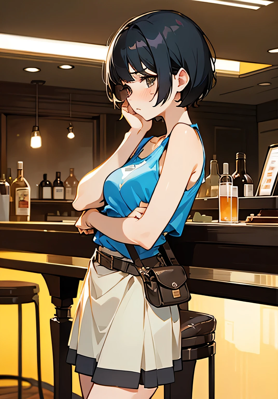 {best quality},Stylish bar counter、black hair short cut、Female college student、beautiful breasts、embarrassed look、dress shirt in simple-tank top、skirt、sandals、fanny pack、Side view、cowboy shot、looking at the camera、sitting 、chair