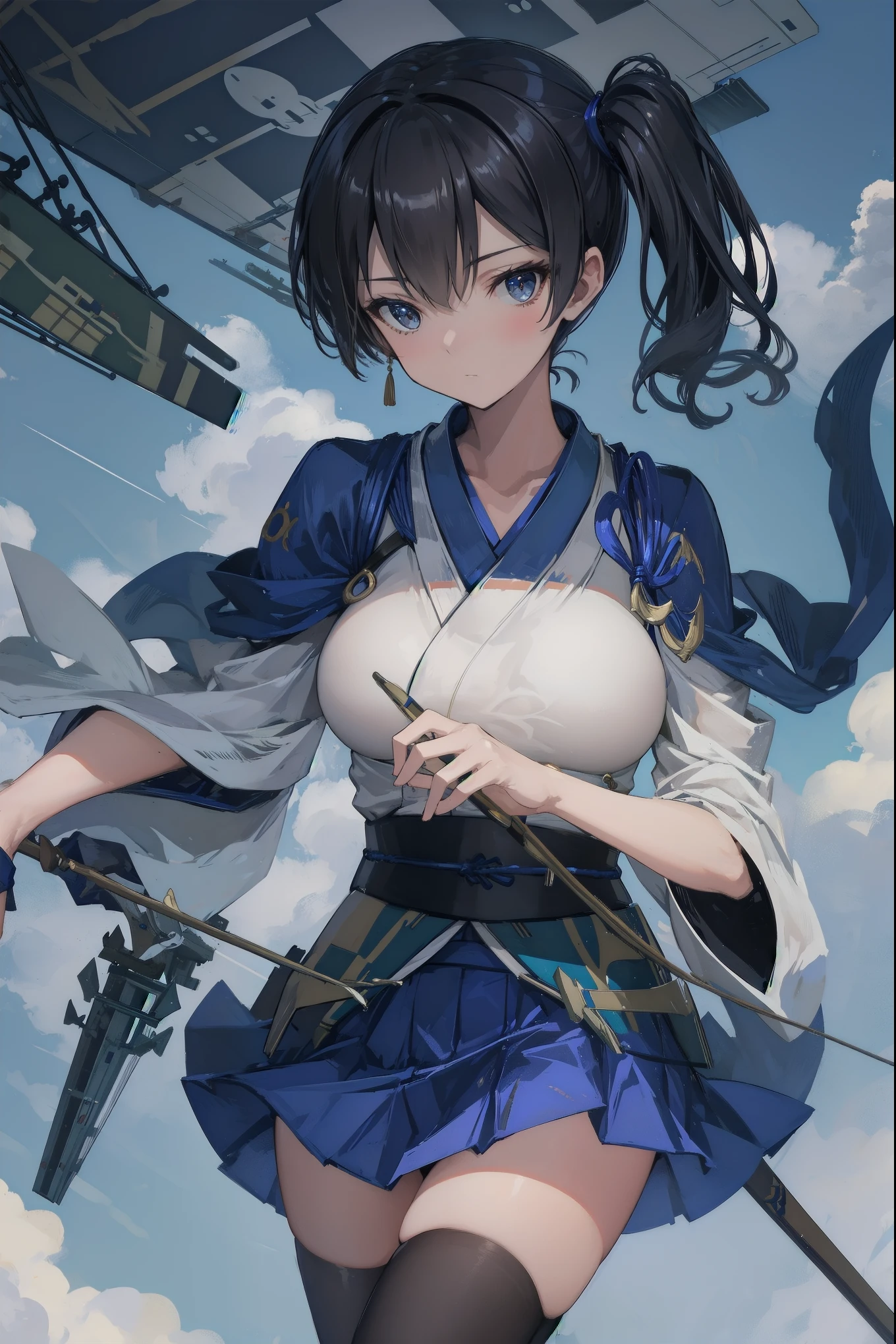 Kaga(Fleet Collection),highest quality, masterpiece, High resolution,kimono,blue skirt,side ponytail,big_breasts,