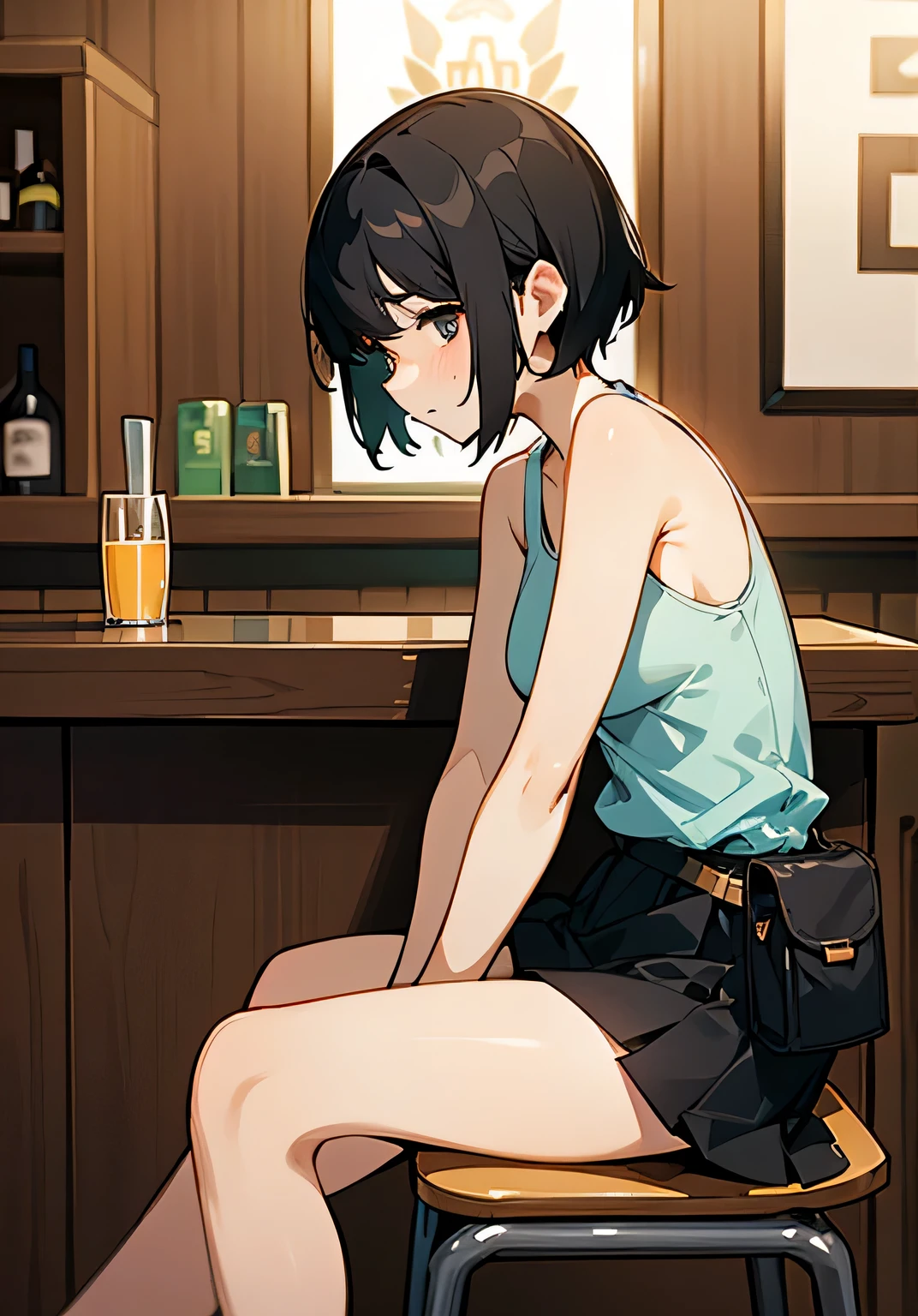 {best quality},Stylish bar counter、black hair short cut、Female college student、beautiful breasts、embarrassed look、dress shirt in simple-tank top、skirt、sandals、fanny pack、Side view、cowboy shot、looking at the camera、sitting 、chair
