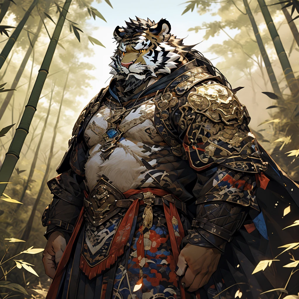 白色皮肤tiger),(黑白阴阳General战袍),Holding a long sword,坚Strong姿态,stand calmly,(The background is a dark deep forest covered with bamboo:1.2),abdominal muscles,heroic posture飒爽,完美的masterpiece,Various facial details,distance perspective,specific description,masterpiece,CG,(golden eyes),black and white pattern,Crimson tail,General,heroic posture,tiger,black and white fur,specific facial details,Half body,(黑白阴阳General战履),(Chang Ling),((middle aged)),(Face focus),(16K),HD,black and white belly,wilderness,beard,(Noodles),different students,(Black and white yin and yang shirt),(Black and white hair),Strong,muscle,(High resolution:1.3),(Standing deep in the deserted bamboo forest),(close up),(Detailed face:1.5),Perfect details,(Half body),(facial detail depiction:1.5),(Zoom in on face:1.5),(白色Noodles:1.2),(黑色beard:1.3),(white face;1.6),white body