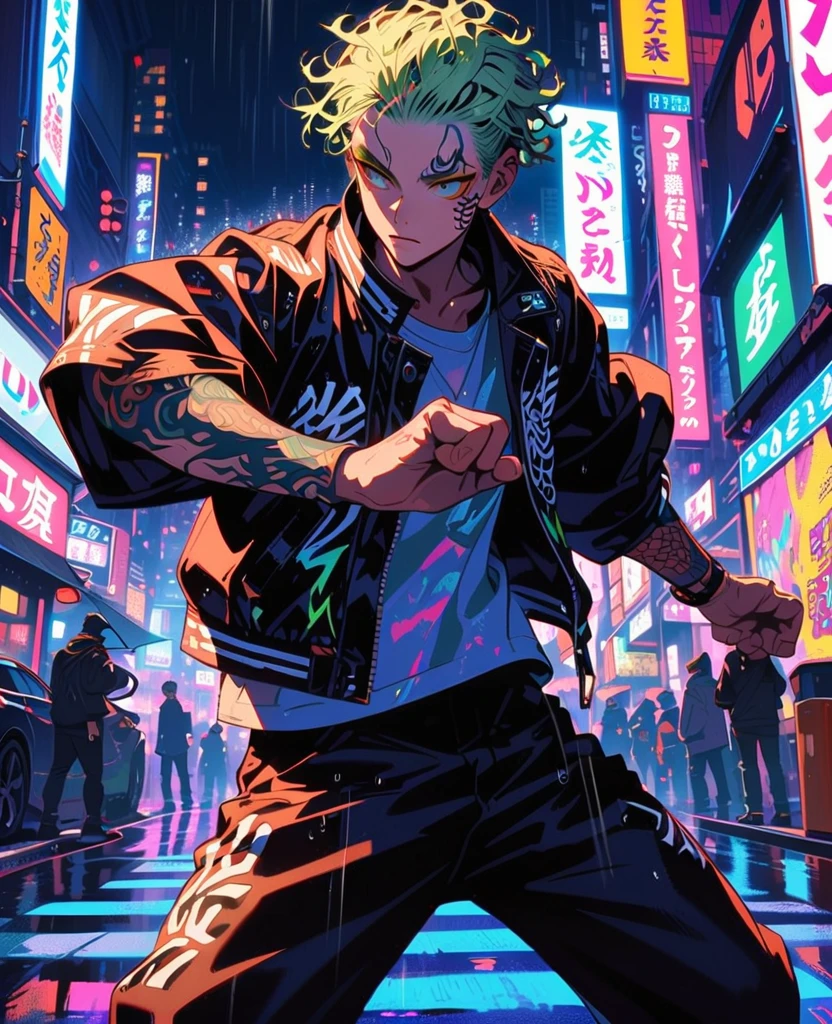 "Generate a dynamic image of Mikey from Tokyo Revengers in a powerful stance, with his signature jacket, standing in front of a Tokyo cityscape at night, with neon lights reflecting off the rain-soaked streets."