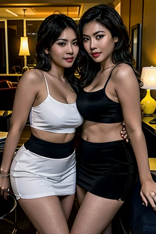  2 women, mature female , hips up, look at viewer,   sweaty skin  ,  , inside a modern night club  , damp, cleavage , bright face , slim sexy curvy body, sexy 33 yo woman,  , bright atmosphere ,  spotted background,  , arrogant sexy look,, exclusive off buttoned offices secretary dressed,  layered black hair , mini dressed, nice breasts , group of 2 woman , duo, lovers , lesbian, passionate look to viewers to camera ,  tanned skin 2 korean malay mixed sexy curvy body women 