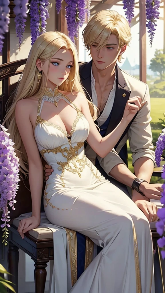 An incredibly beautiful young femme fatale, golden-haired blonde with blue eyes, long golden hair gathered into a tall beautiful one, she is dressed in a long white antique dress with open shoulders, which perfectly fits her slender beautiful figure, emphasizes a thin waist and rounded hips, deep neckline, she had long gold earrings in her ears. She is sitting in a large beautiful gazebo, entwined with wisteria, next to her sits a stately, handsome, well-built young man, platinum blond, he is dressed in royal antique white clothes, he has tanned skin, he has long straight white hair. They are in love with each other, they look at each other with love. They are happy. Masterpiece, perfect image, realistic image, detailed elaboration, full-length image, 8k, detailed image. an extremely detailed illustration, a real masterpiece of the highest quality, with careful drawing.