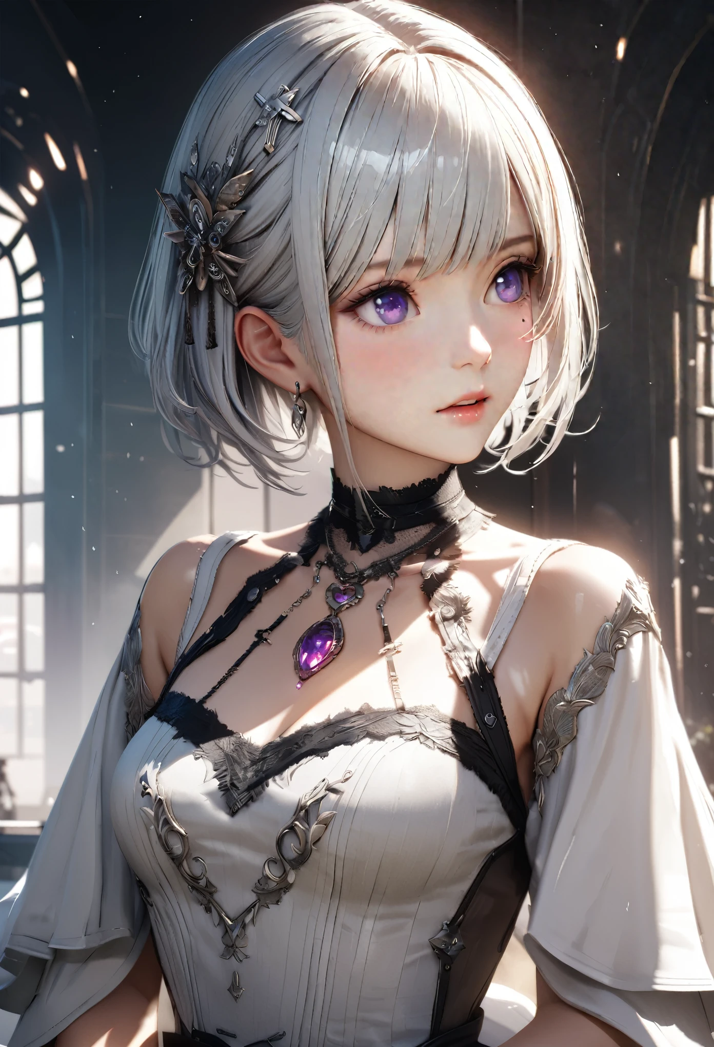 Masterpiece, Best Quality, Super Detailed, High Definition, Expensive Resolution, HDR, 4k, 8K, Unity 8k Wallpaper, Super Detailed CG, Masterpiece, Realistic, 2D, 3D, Beautiful Details, Depth, Fine Texture, Super Fine: 1.3, Complete concentration, crispy skin, him, very cute anime girl, high , expensive silver short hair, one girl, silver short hair, high , mole under the eye, gaze, expensive, blush,, parted Lips, hair ornament, heart, purple eyes, choker
