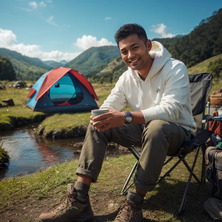 photography, realistic, 1 man, Indonesian, 40 years old, short razor cut black hair, wearing a white hoodie sweater, olive tactical pants, hiking shoes. oval and clean face, sitting on a portable chair in front of a red and blue camping tent, holding an outdoor cup, smiling, posing dynamically, on the vast grassland, there is a small river with clear water near the tent. in the distance you can see green mountains, dense tropical forests. the sunny weather with blue skies is very beautiful. during the day with sunlight. calm and comfortable atmosphere.