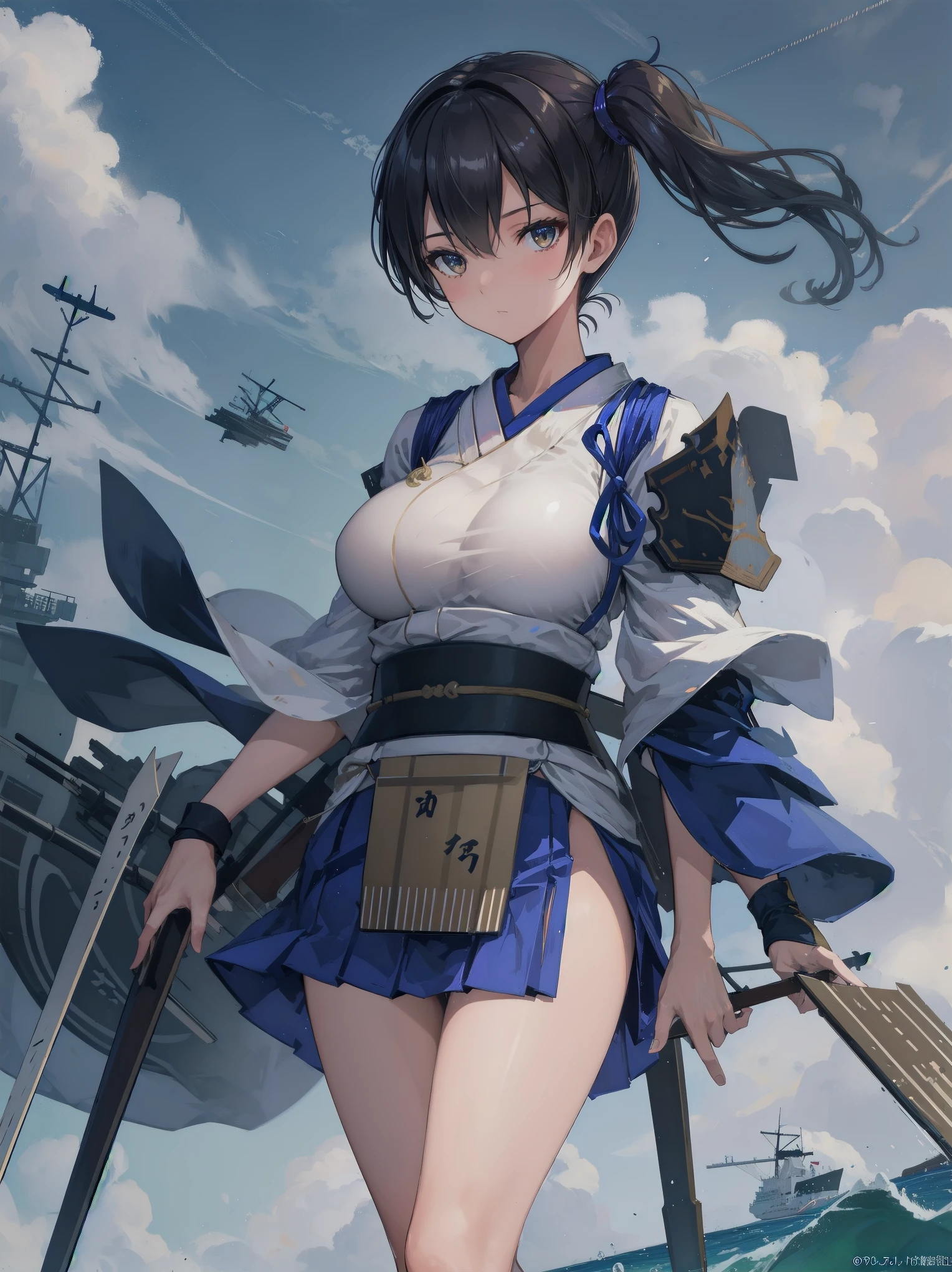 Kaga(Fleet Collection),highest quality, masterpiece, High resolution,kimono,blue skirt,side ponytail,big_breasts,