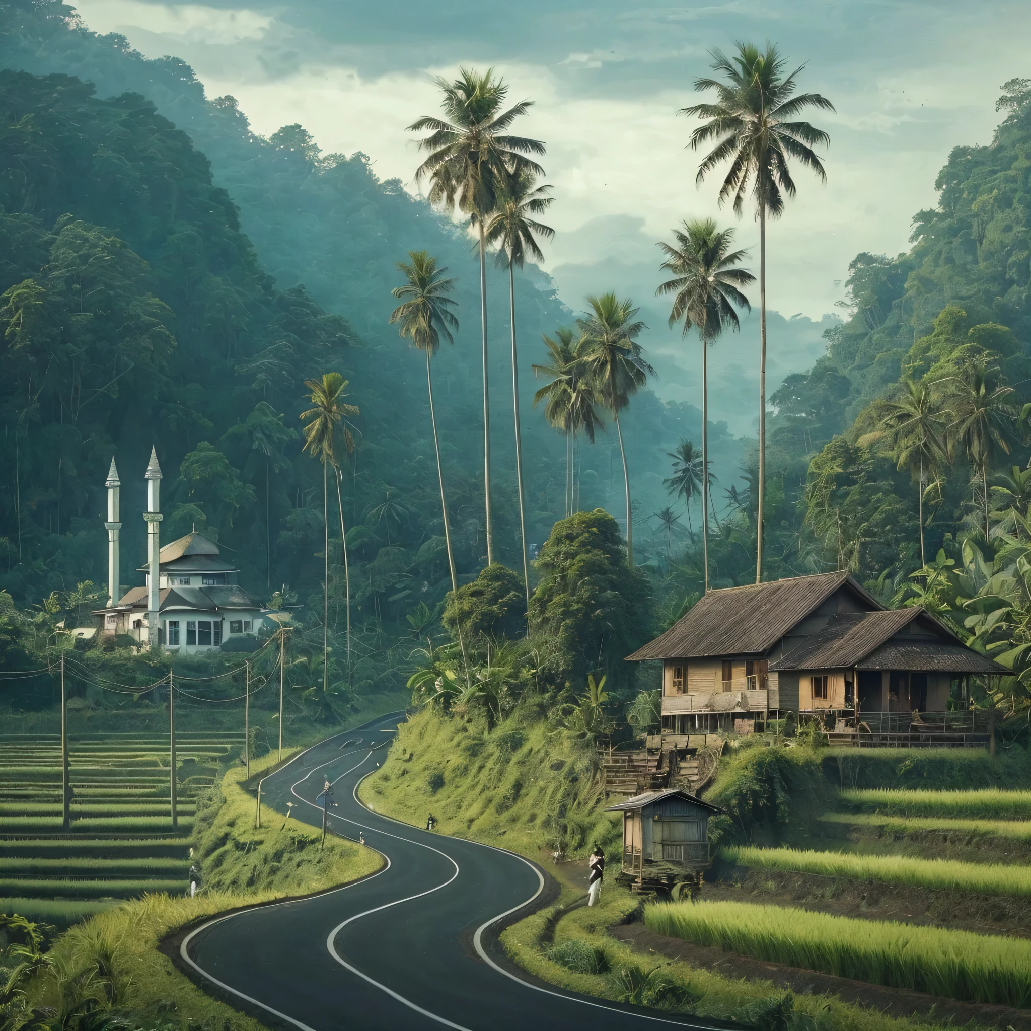 jalan hitam yang berbelok dan menurun tajam, di samping sawah yang undak, terlihat dua batang pohon kelapa, gubug kayu di samping jalan tersebut, background  di kaki hutan yang rimbun yang menggunung tinggi, pagar jalan, tiang listrik di pinggir jalan, sejuk, 
, 𝘰𝘪𝘭 𝘱𝘢𝘪𝘯𝘵𝘪𝘯𝘨 𝘴𝘵𝘺𝘭𝘦