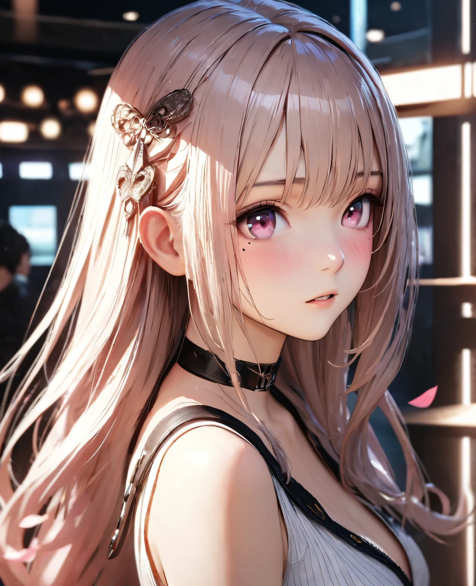 Masterpiece, Best Quality, Super Detailed, High Definition, Expensive Resolution, HDR, 4k, 8K, Unity 8k Wallpaper, Super Detailed CG, Masterpiece, Realistic, 2D, 3D, Beautiful Details, Depth, Fine Texture, Super Fine: 1.3, Complete concentration, crispy skin, him, very cute anime girl, high , expensive semi-long hair, one girl, solo, Watch the audience,pink semi-long hair, high , mole under the eye, line of sight, expensive, blushing, parted closed lips, hair ornament, heart, pink eyes, choker