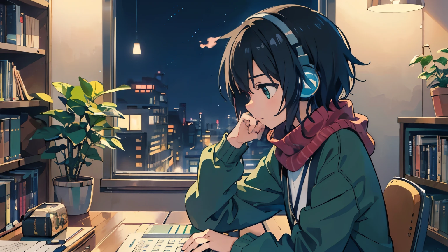 ((best quality)), ((masterpiece)), ((ultra high resolution)), ((ultra-detailed)), (Anime girl sitting at a desk with a laptop and headphones), (Light green sweater), (black shorts), (Red scarf with black stripes), (black hair), (looking away:1.4), pretty eyes, Potted plants, Books, Bookshelf, Books, Bookshelf, night, digital anime illustration, Keyframe illustration, Gwaites style artwork, Makoto Shinkai&#39;s art style, portrait of lofi, digital anime art, Makoto Shinkai style, lofi girl, (sit at desk and type on keyboard), anime style illustration, lofi art style, anime illustration