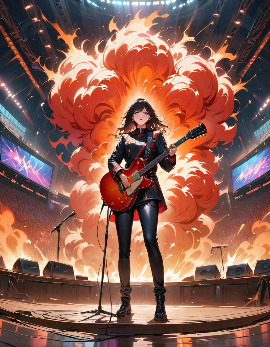 (best quality,4K,8K,high resolution,masterpiece:1.2),Super detailed,(actual,photoactual,photo-actual:1.37),rock star,singer,Guitar,Uniform,Black,tight,golden accents,spacewalk,hysterical singing,Stage lighting,rebellious,glitch art,bright colors,Energetic performance,electric atmosphere,loud music,screaming fans,Huge speakers,Fiery explosion,dynamic poses,Smoke and fog effects,expressive face,rotating lights,Flash,dark background,edgy style,wild hair,microphone stand,Guitar声音失真,rock music,Celebrity,电Guitar独奏,huge concert stage,strut on stage,Condescending,Emotional intensity,Loud and heavy drum beat,Electric energy,Stage fireworks,Powerful vocal performance,the stadium has a full crowd,thousands of fans,Roaring crowd,flash,electric atmosphere,sweaty and Energetic performance,legendary figures,Acting skills,standing ovation