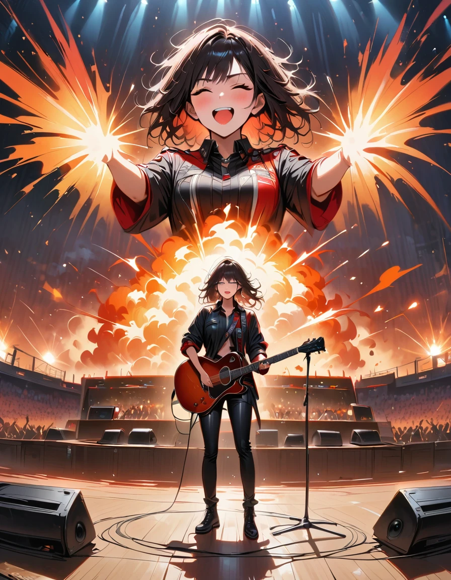 (best quality,4K,8K,high resolution,masterpiece:1.2),Super detailed,(actual,photoactual,photo-actual:1.37),rock star,singer,Guitar,Uniform,Black,tight,golden accents,spacewalk,hysterical singing,Stage lighting,rebellious,glitch art,bright colors,Energetic performance,electric atmosphere,loud music,screaming fans,Huge speakers,Fiery explosion,dynamic poses,Smoke and fog effects,expressive face,rotating lights,Flash,dark background,edgy style,wild hair,microphone stand,Guitar声音失真,rock music,Celebrity,电Guitar独奏,huge concert stage,strut on stage,Condescending,Emotional intensity,Loud and heavy drum beat,Electric energy,Stage fireworks,Powerful vocal performance,the stadium has a full crowd,thousands of fans,Roaring crowd,flash,electric atmosphere,sweaty and Energetic performance,legendary figures,Acting skills,standing ovation