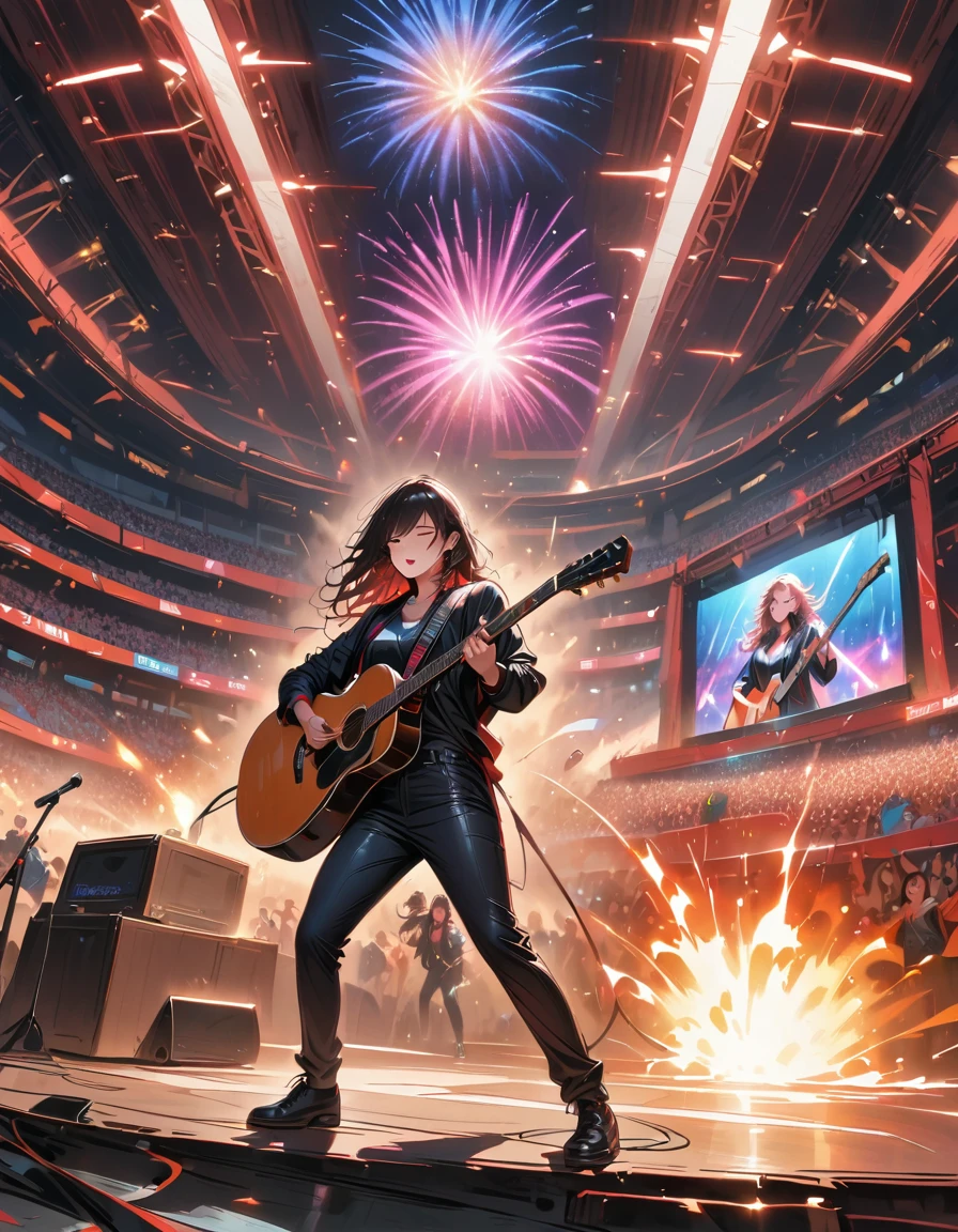 (best quality,4K,8K,high resolution,masterpiece:1.2),Super detailed,(actual,photoactual,photo-actual:1.37),rock star,singer,Guitar,Uniform,Black,tight,golden accents,spacewalk,hysterical singing,Stage lighting,rebellious,glitch art,bright colors,Energetic performance,electric atmosphere,loud music,screaming fans,Huge speakers,Fiery explosion,dynamic poses,Smoke and fog effects,expressive face,rotating lights,Flash,dark background,edgy style,wild hair,microphone stand,Guitar声音失真,rock music,Celebrity,电Guitar独奏,huge concert stage,strut on stage,Condescending,Emotional intensity,Loud and heavy drum beat,Electric energy,Stage fireworks,Powerful vocal performance,the stadium has a full crowd,thousands of fans,Roaring crowd,flash,electric atmosphere,sweaty and Energetic performance,legendary figures,Acting skills,standing ovation