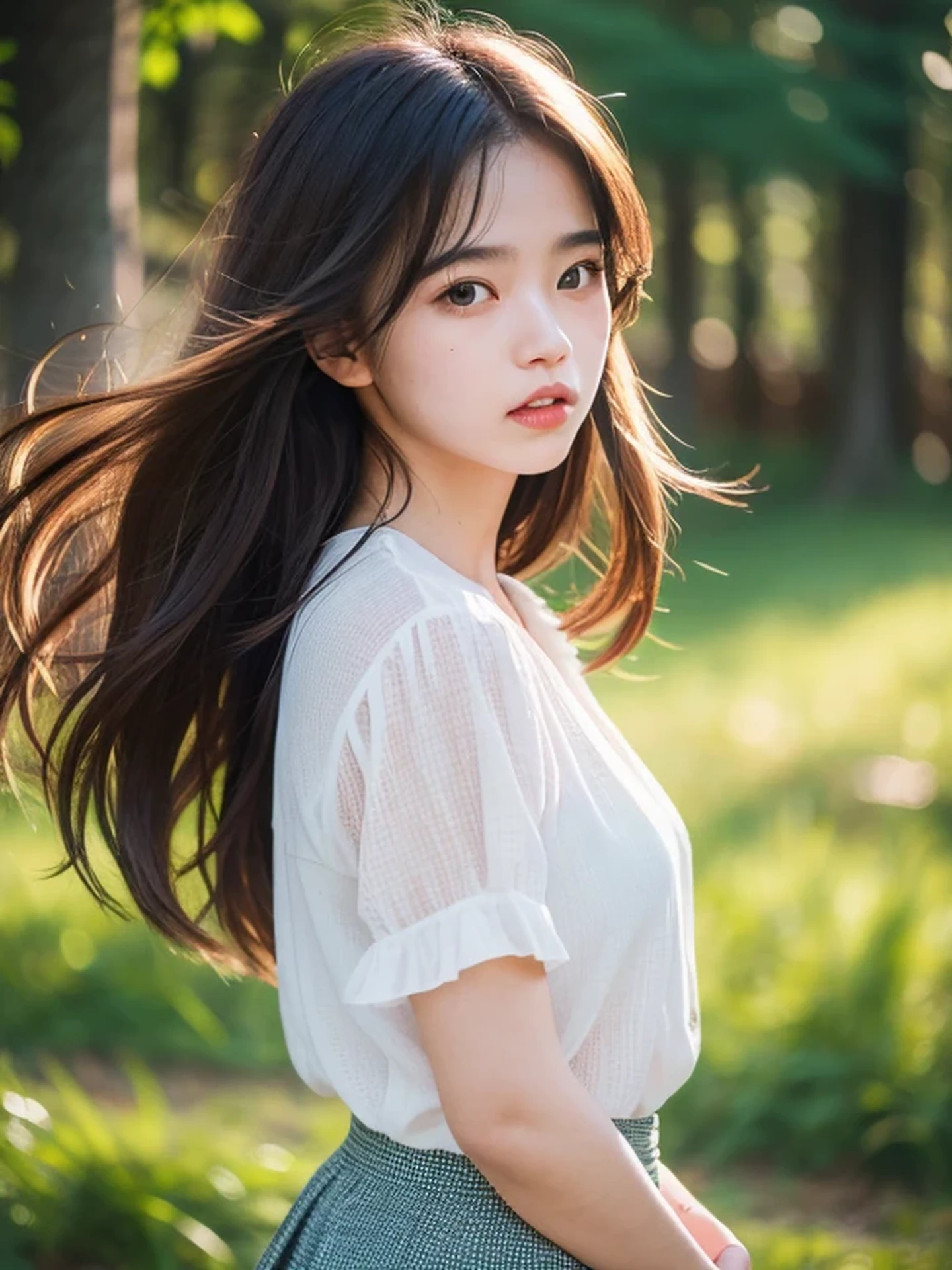 masterpiece, Best Quality, Raw photo, 8K, ultra-detailed face, 1girl, Beautiful detailed skin, backlight, soft light, bashful, (shoot from front:1.2), sad, open your mouth to say something, Luminescent, Anatomically correct, Medium hair, hair blown by the wind, Eyes and faces with detailed, Textured skin, Professional Photography, Bokeh, Portrait, Professional Lighting, Solo, Cute, Girly, Film grain, silk blouse, skirt, outside, forest shining in the morning sun,