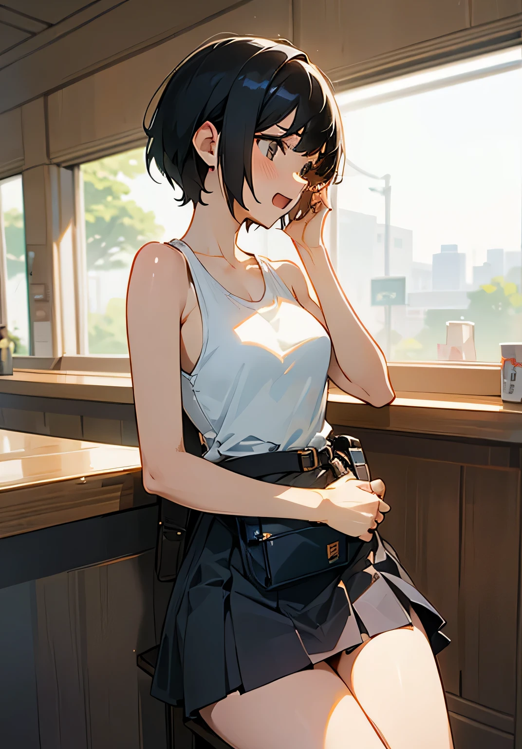 {best quality},Stylish bar counter、black hair short cut、Female college student、beautiful breasts、embarrassed look、open-mouth、dress shirt in simple-tank top、skirt、sandals、fanny pack、Side view、cowboy shot、looking at the camera、sitting 、chair