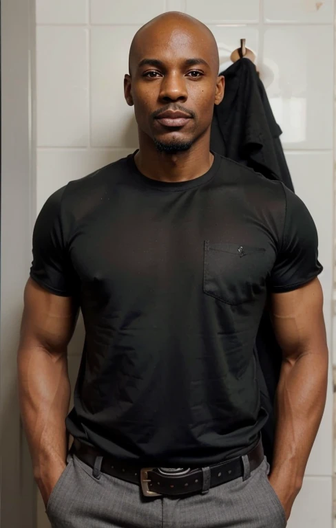 Nigerian man. Smooth and shiny Bald head. Mid 40's. Dark stubble, Rounder eyes. Crooked nose. Cleft chin. Square jaw. Muscular. Age lines in face. 3 6 years old, 3 5 years old, 3 4 years old, skin pores, realistic skin, bald head, dark stubble, 5 o'clock Shadow, wearing a tight black T-shirt, tough looking man, prominent Adam's apple in neck, smirking, strong shoulders, smooth bald head, dense stubble, dark 5 o'clock Shadow on face, wearing a black T-shirt, smooth bald head, manly, blue jeans, mature and masculine face, black shirt, tough Nigerian man, muscular, lean abdomen with strong chest, has goatee and mustache, black man, very deep dark dark cocoa bean brown skin, African man, resembles Usain Bolt, wide nose, full lips, strong cocoa bean brown arms, bald head, blac pants, flat stomach, very thick mustache and goatee,