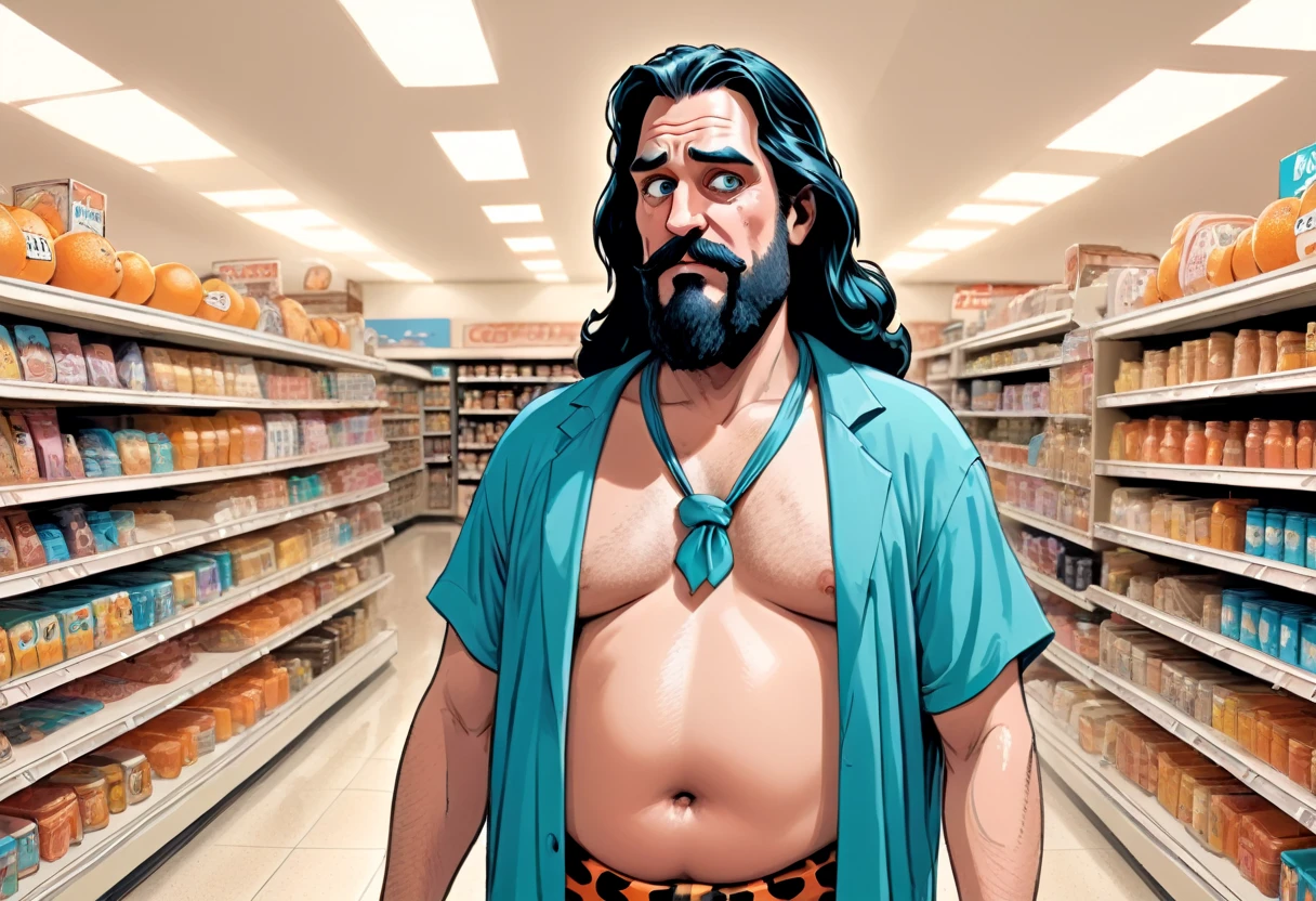 illustrate, (Flintstones, The Dude (big lebowski), inherent vice, style reference), hazy fever dream, inside convenience store past midnight, beyond place and time, visual jazz, (fred Flintstone, with black hair, thick eyebrows, a large nose, and tan beard stubble. He wears a deep sky blue or aqua teal-green necktie, an orange and black-spotted loincloth, and has a large belly, portraying the Dude from Big Lebowski), shopping in the aisles of a convenience store, food shelves, fish eye lens, panoramic view, hyper realism, too real, intense, hyper maximal, strange, cel shading, rich color grading, broad spectrum of ROYGBIV, deep warm hazy hues, hand drawn with realism, rotoscope, cinematic, framing and composition,