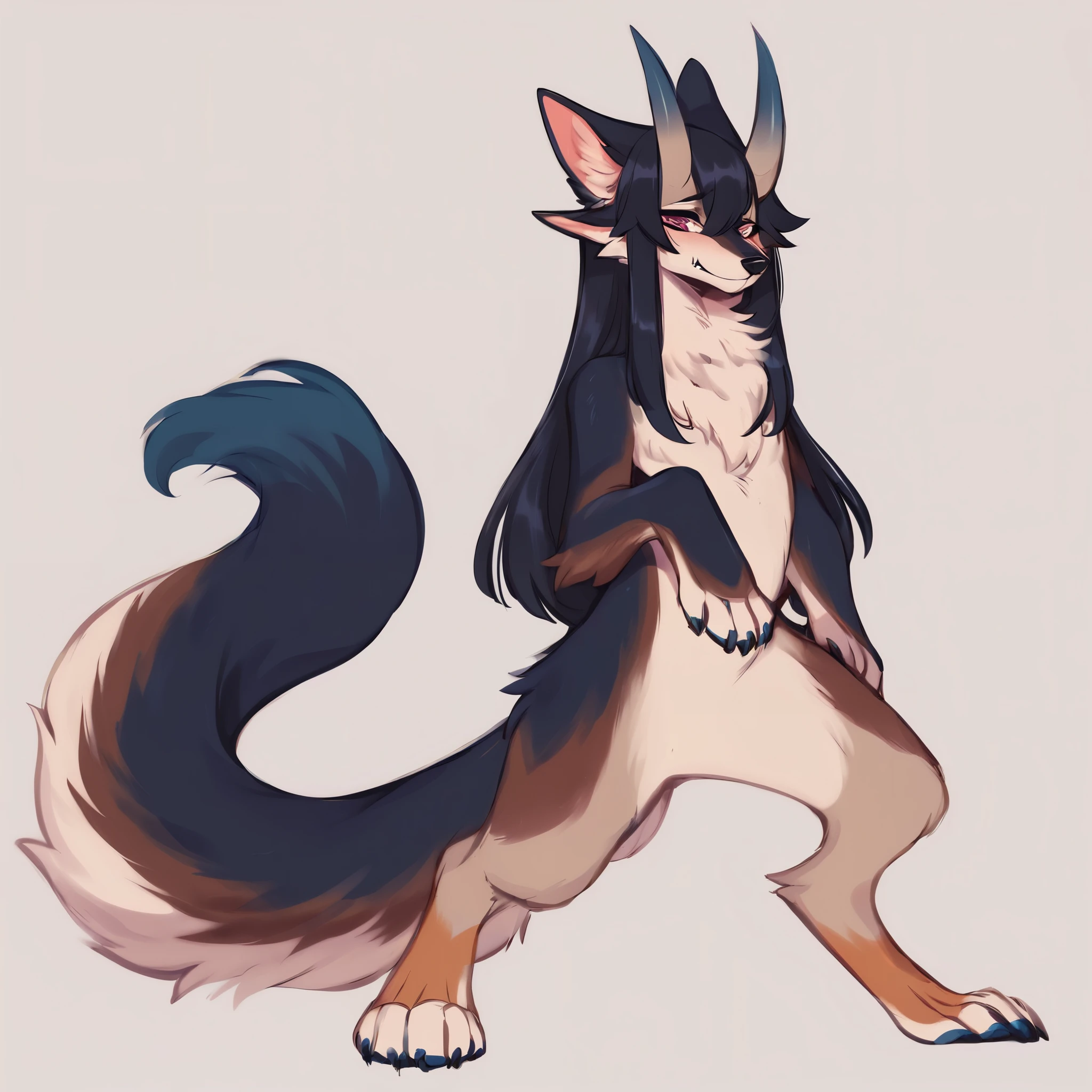 uploaded on e621,by hioshiru, by zaush, by Einshelm, solo anthro, (detailed fur), (detailed skin), female, ((sergal)), (detailed fur), grey fur, dark hair with blue streak, attractive body, sexy body, thick-thighs, adult, digitigrade legs, (claws), perfect eyes, realistic hands, full body portrait, ((thick tail)), sci-fi background, cyberpunk apartment, good hands, best hands, flat chested, detailed eyes, anatomically correct sergal vulva, cartoon style, (cute), shirt, skirt