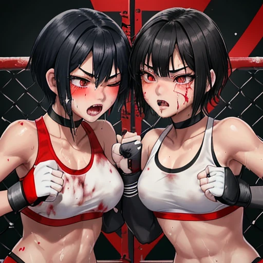 Two beautiful high school girls mixed martial artists covered in blood。I'm punching with all my might。fighting violently。Suffering from damage。Mouth open and dripping blood。With one eye closed, it seems painful。Fighting inside the Octagon。I'm soaked in sweat。open finger gloves。sports bra。bikini。erect nipples。black hair short cut。
