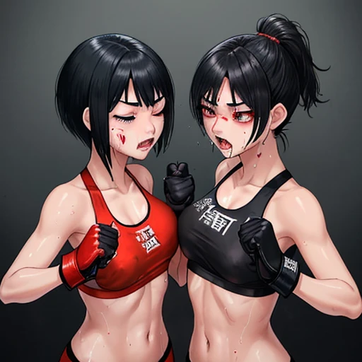 Two beautiful high school girls mixed martial artists covered in blood。I'm punching with all my might。fighting violently。Suffering from damage。Mouth open and dripping blood。With one eye closed, it seems painful。Fighting inside the Octagon。I'm soaked in sweat。open finger gloves。sports bra。bikini。erect nipples。black hair short cut。