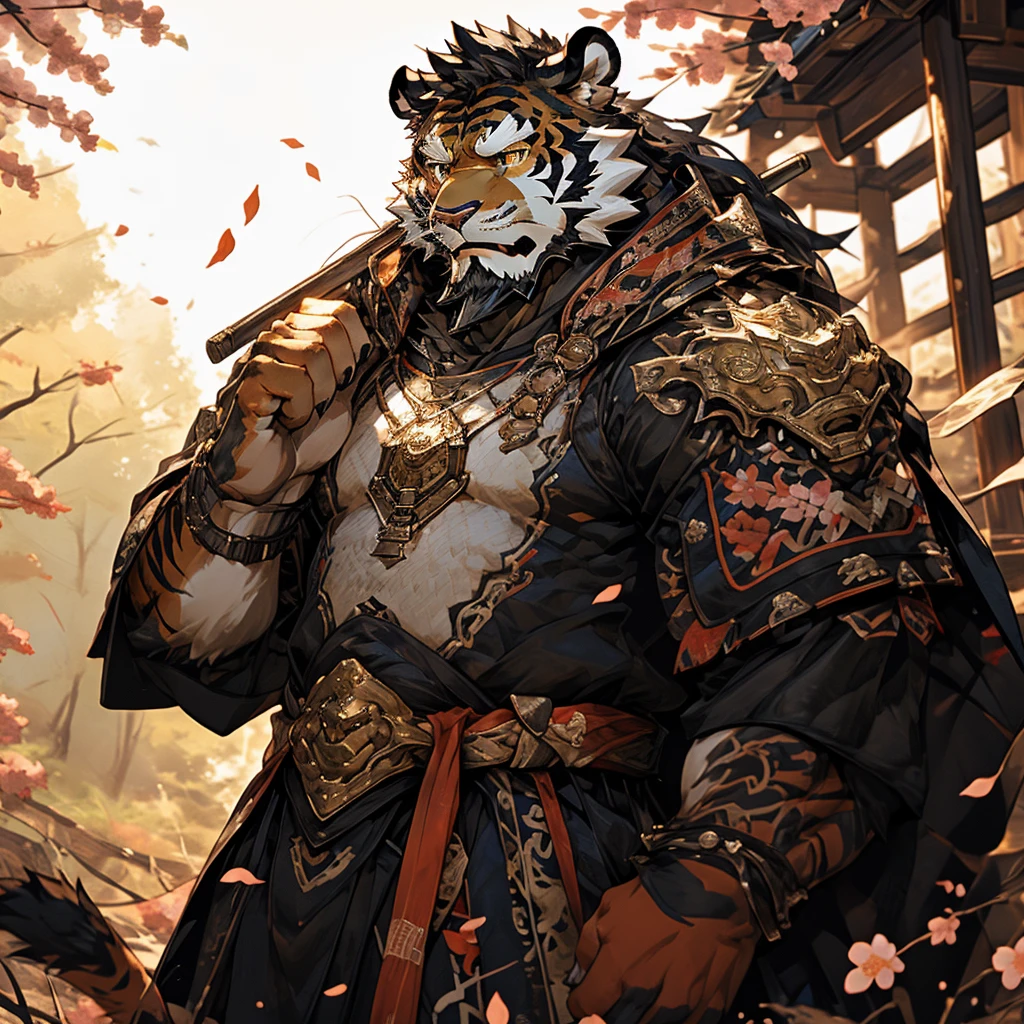 白色皮肤tiger),(黑白阴阳General战袍),Holding a long sword,坚Strong姿态,stand calmly,(The background is a dark forest covered with peach blossoms.:1.2),abdominal muscles,heroic posture飒爽,完美的masterpiece,Various facial details,distance perspective,specific description,masterpiece,CG,(golden eyes),black and white pattern,Crimson tail,General,heroic posture,tiger,black and white fur,specific facial details,Half body,(黑白阴阳General战履),(Chang Ling),((middle aged)),(Face focus),(16K),HD,black and white belly,wilderness,beard,(Noodles),different students,(Black and white yin and yang shirt),(Black and white hair),Strong,muscle,(High resolution:1.3),(Standing in the depths of the deserted peach blossoms),(close up),(Detailed face:1.5),Perfect details,(Half body),(facial detail depiction:1.5),(Zoom in on face:1.5),(白色Noodles:1.2),(黑色beard:1.3),(white face;1.6),white body