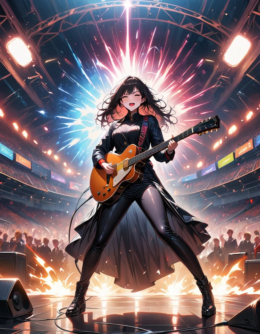 (best quality,4K,8K,high resolution,masterpiece:1.2),Super detailed,(actual,photoactual,photo-actual:1.37),rock star,singer,Guitar,Uniform,Black,tight,golden accents,spacewalk,hysterical singing,Stage lighting,rebellious,glitch art,bright colors,Energetic performance,electric atmosphere,loud music,screaming fans,Huge speakers,Fiery explosion,dynamic poses,Smoke and fog effects,expressive face,rotating lights,Flash,dark background,edgy style,wild hair,microphone stand,Guitar声音失真,rock music,Celebrity,电Guitar独奏,huge concert stage,strut on stage,Condescending,Emotional intensity,Loud and heavy drum beat,Electric energy,Stage fireworks,Powerful vocal performance,the stadium has a full crowd,thousands of fans,Roaring crowd,flash,electric atmosphere,sweaty and Energetic performance,legendary figures,Acting skills,standing ovation