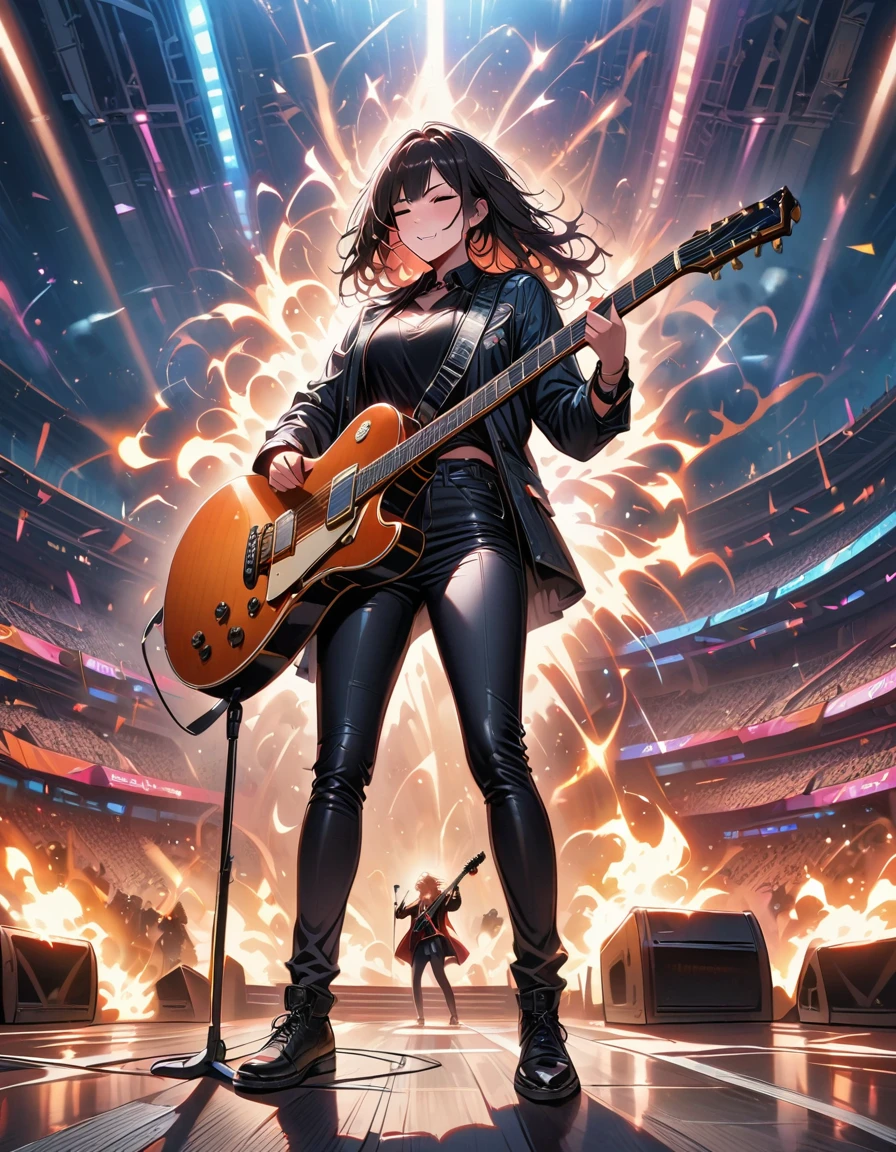 (best quality,4K,8K,high resolution,masterpiece:1.2),Super detailed,(actual,photoactual,photo-actual:1.37),rock star,singer,Guitar,Uniform,Black,tight,golden accents,spacewalk,hysterical singing,Stage lighting,rebellious,glitch art,bright colors,Energetic performance,electric atmosphere,loud music,screaming fans,Huge speakers,Fiery explosion,dynamic poses,Smoke and fog effects,expressive face,rotating lights,Flash,dark background,edgy style,wild hair,microphone stand,Guitar声音失真,rock music,Celebrity,电Guitar独奏,huge concert stage,strut on stage,Condescending,Emotional intensity,Loud and heavy drum beat,Electric energy,Stage fireworks,Powerful vocal performance,the stadium has a full crowd,thousands of fans,Roaring crowd,flash,electric atmosphere,sweaty and Energetic performance,legendary figures,Acting skills,standing ovation