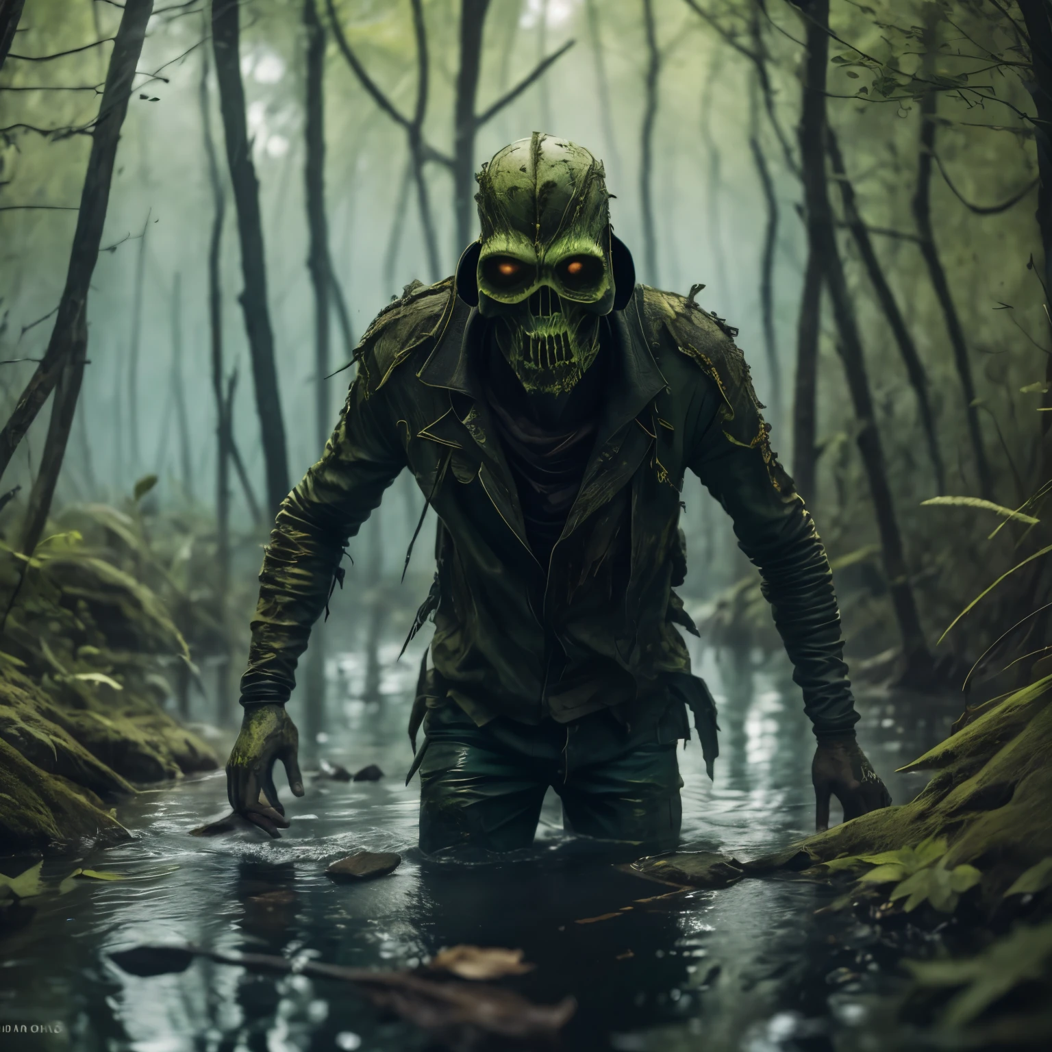 (ohwx) a (swamp zombie) disturbing scene, close up, photography, natural light, photorealism, cinematic rendering, ray tracing, the highest quality, the highest detail, Cinematic, Third-Person View, Blur Effect, Long Exposure, 8K, Ultra-HD, Natural Lighting, Moody Lighting, Cinematic Lighting