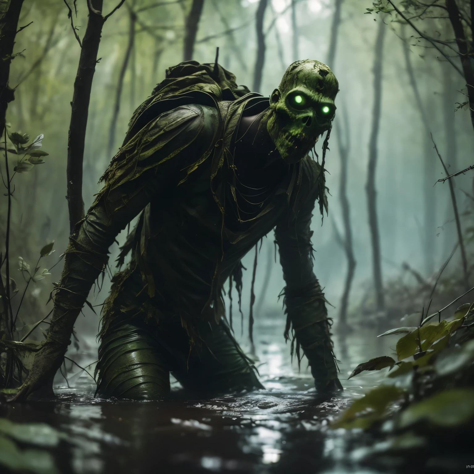 (ohwx) a (swamp zombie) disturbing scene, close up, photography, natural light, photorealism, cinematic rendering, ray tracing, the highest quality, the highest detail, Cinematic, Third-Person View, Blur Effect, Long Exposure, 8K, Ultra-HD, Natural Lighting, Moody Lighting, Cinematic Lighting