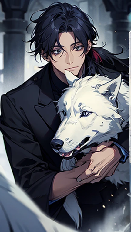 (best quality, highres, masterpiece:1.2),ultra-detailed,realistic,portrait,chaotic scene,dark and mysterious atmosphere,man,deep blue hair,tied in a low ponytail,black and navy blue pilot suit,tall,taking care of a wolf,he is wearing a navy coat on his shoulders,there is no one behind me,dark blue eyes,slightly smiling,with a wolf