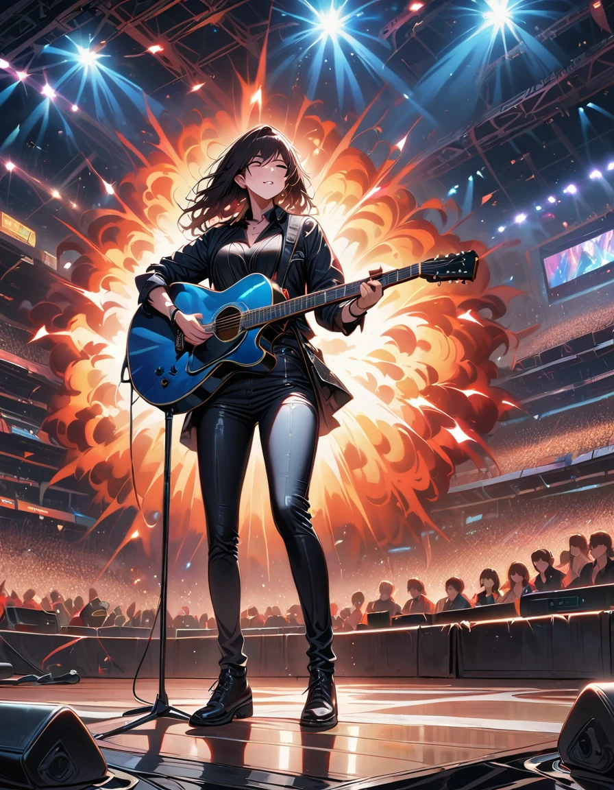 (best quality,4K,8K,high resolution,masterpiece:1.2),Super detailed,(actual,photoactual,photo-actual:1.37),rock star,singer,Guitar,Uniform,Black,tight,golden accents,spacewalk,hysterical singing,Stage lighting,rebellious,glitch art,bright colors,Energetic performance,electric atmosphere,loud music,screaming fans,Huge speakers,Fiery explosion,dynamic poses,Smoke and fog effects,expressive face,rotating lights,Flash,dark background,edgy style,wild hair,microphone stand,Guitar声音失真,rock music,Celebrity,电Guitar独奏,huge concert stage,strut on stage,Condescending,Emotional intensity,Loud and heavy drum beat,Electric energy,Stage fireworks,Powerful vocal performance,the stadium has a full crowd,thousands of fans,Roaring crowd,flash,electric atmosphere,sweaty and Energetic performance,legendary figures,Acting skills,standing ovation