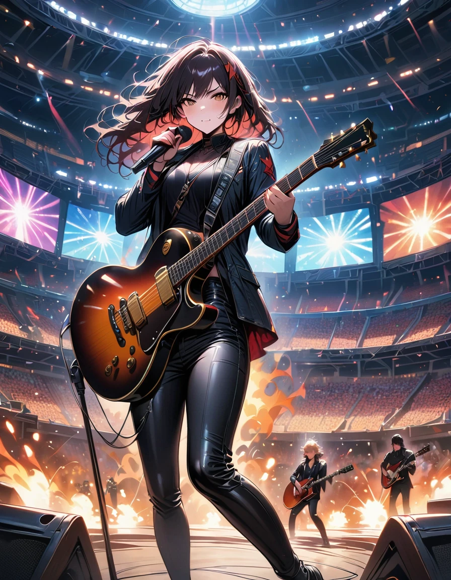 (best quality,4K,8K,high resolution,masterpiece:1.2),Super detailed,(actual,photoactual,photo-actual:1.37),rock star,singer,Guitar,Uniform,Black,tight,golden accents,spacewalk,hysterical singing,Stage lighting,rebellious,glitch art,bright colors,Energetic performance,electric atmosphere,loud music,screaming fans,Huge speakers,Fiery explosion,dynamic poses,Smoke and fog effects,expressive face,rotating lights,Flash,dark background,edgy style,wild hair,microphone stand,Guitar声音失真,rock music,Celebrity,电Guitar独奏,huge concert stage,strut on stage,Condescending,Emotional intensity,Loud and heavy drum beat,Electric energy,Stage fireworks,Powerful vocal performance,the stadium has a full crowd,thousands of fans,Roaring crowd,flash,electric atmosphere,sweaty and Energetic performance,legendary figures,Acting skills,standing ovation