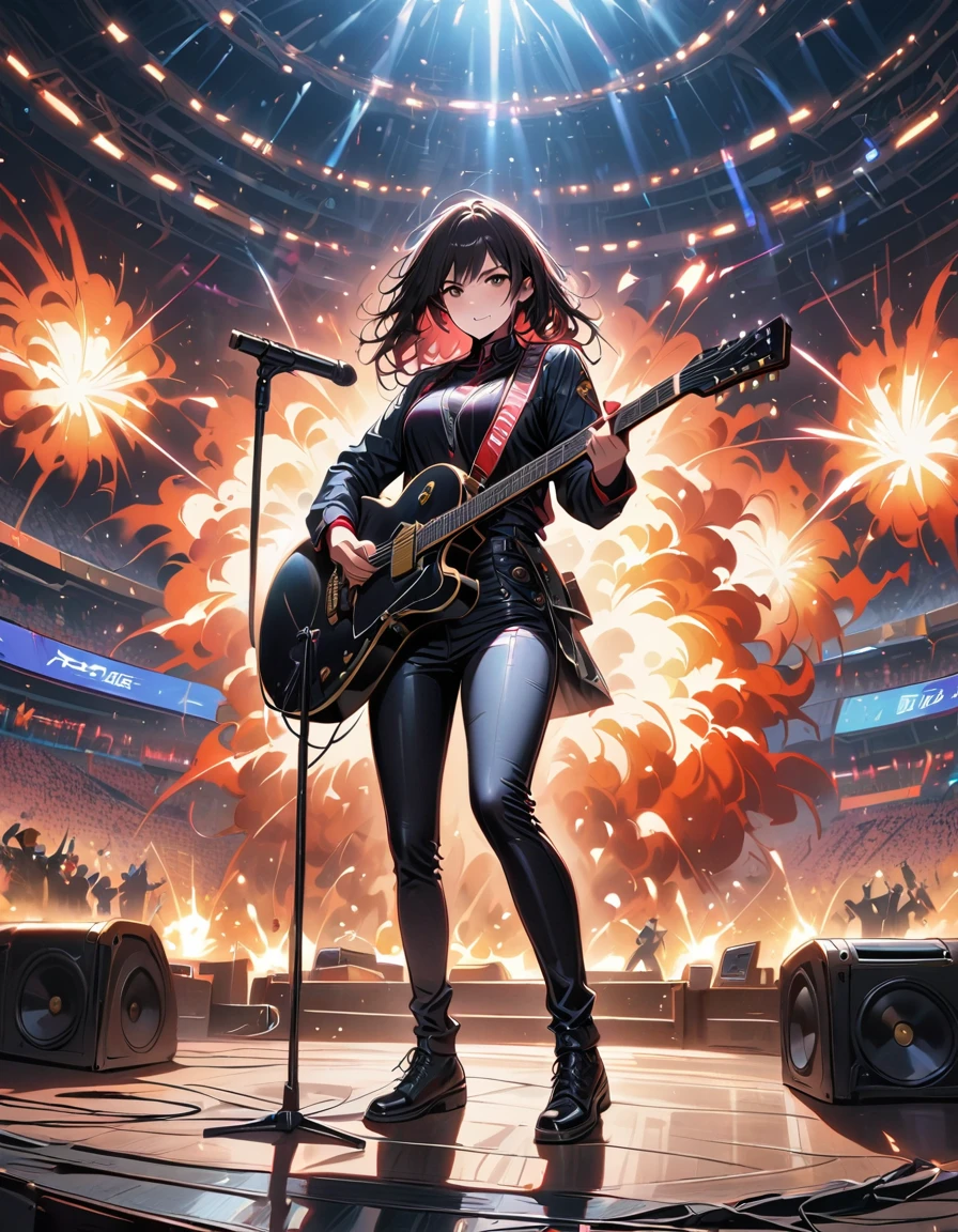 (best quality,4K,8K,high resolution,masterpiece:1.2),Super detailed,(actual,photoactual,photo-actual:1.37),rock star,singer,Guitar,Uniform,Black,tight,golden accents,spacewalk,hysterical singing,Stage lighting,rebellious,glitch art,bright colors,Energetic performance,electric atmosphere,loud music,screaming fans,Huge speakers,Fiery explosion,dynamic poses,Smoke and fog effects,expressive face,rotating lights,Flash,dark background,edgy style,wild hair,microphone stand,Guitar声音失真,rock music,Celebrity,电Guitar独奏,huge concert stage,strut on stage,Condescending,Emotional intensity,Loud and heavy drum beat,Electric energy,Stage fireworks,Powerful vocal performance,the stadium has a full crowd,thousands of fans,Roaring crowd,flash,electric atmosphere,sweaty and Energetic performance,legendary figures,Acting skills,standing ovation
