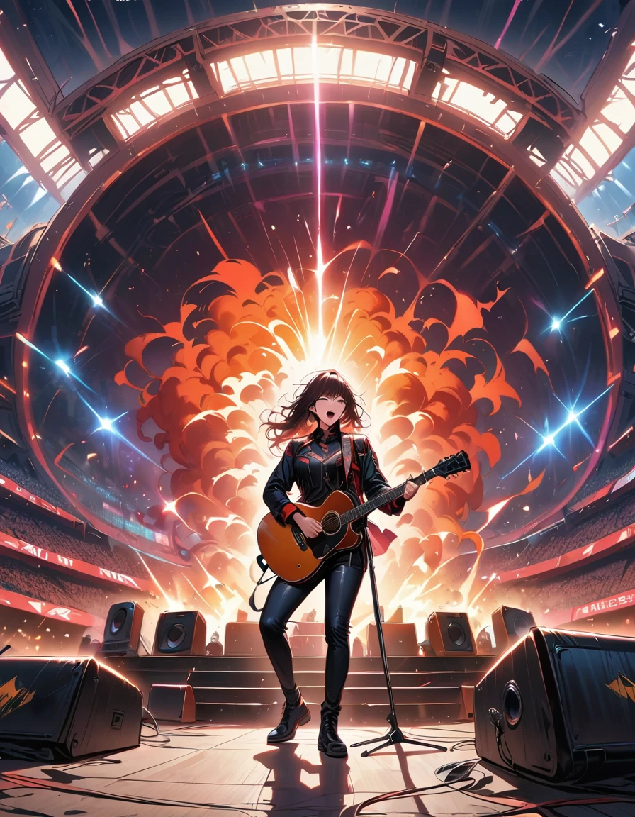 (best quality,4K,8K,high resolution,masterpiece:1.2),Super detailed,(actual,photoactual,photo-actual:1.37),rock star,singer,Guitar,Uniform,Black,tight,golden accents,spacewalk,hysterical singing,Stage lighting,rebellious,glitch art,bright colors,Energetic performance,electric atmosphere,loud music,screaming fans,Huge speakers,Fiery explosion,dynamic poses,Smoke and fog effects,expressive face,rotating lights,Flash,dark background,edgy style,wild hair,microphone stand,Guitar声音失真,rock music,Celebrity,电Guitar独奏,huge concert stage,strut on stage,Condescending,Emotional intensity,Loud and heavy drum beat,Electric energy,Stage fireworks,Powerful vocal performance,the stadium has a full crowd,thousands of fans,Roaring crowd,flash,electric atmosphere,sweaty and Energetic performance,legendary figures,Acting skills,standing ovation