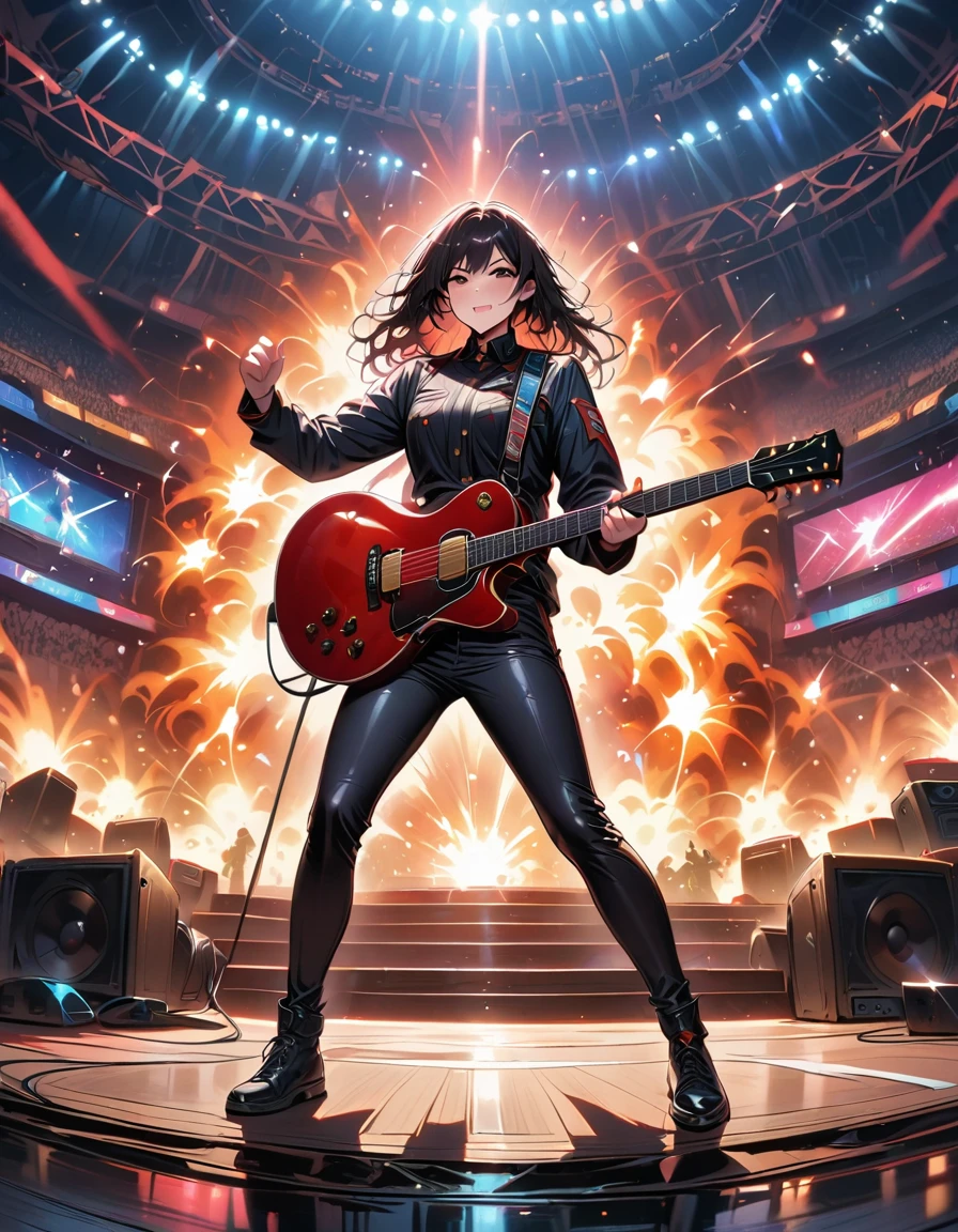 (best quality,4K,8K,high resolution,masterpiece:1.2),Super detailed,(actual,photoactual,photo-actual:1.37),rock star,singer,Guitar,Uniform,Black,tight,golden accents,spacewalk,hysterical singing,Stage lighting,rebellious,glitch art,bright colors,Energetic performance,electric atmosphere,loud music,screaming fans,Huge speakers,Fiery explosion,dynamic poses,Smoke and fog effects,expressive face,rotating lights,Flash,dark background,edgy style,wild hair,microphone stand,Guitar声音失真,rock music,Celebrity,电Guitar独奏,huge concert stage,strut on stage,Condescending,Emotional intensity,Loud and heavy drum beat,Electric energy,Stage fireworks,Powerful vocal performance,the stadium has a full crowd,thousands of fans,Roaring crowd,flash,electric atmosphere,sweaty and Energetic performance,legendary figures,Acting skills,standing ovation