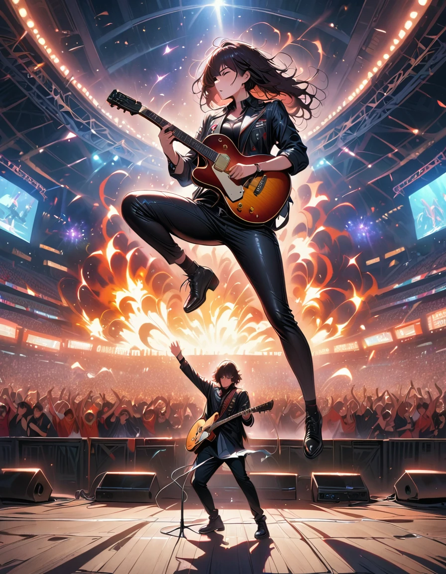 (best quality,4K,8K,high resolution,masterpiece:1.2),Super detailed,(actual,photoactual,photo-actual:1.37),rock star,singer,Guitar,Uniform,Black,tight,golden accents,spacewalk,hysterical singing,Stage lighting,rebellious,glitch art,bright colors,Energetic performance,electric atmosphere,loud music,screaming fans,Huge speakers,Fiery explosion,dynamic poses,Smoke and fog effects,expressive face,rotating lights,Flash,dark background,edgy style,wild hair,microphone stand,Guitar声音失真,rock music,Celebrity,电Guitar独奏,huge concert stage,strut on stage,Condescending,Emotional intensity,Loud and heavy drum beat,Electric energy,Stage fireworks,Powerful vocal performance,the stadium has a full crowd,thousands of fans,Roaring crowd,flash,electric atmosphere,sweaty and Energetic performance,legendary figures,Acting skills,standing ovation