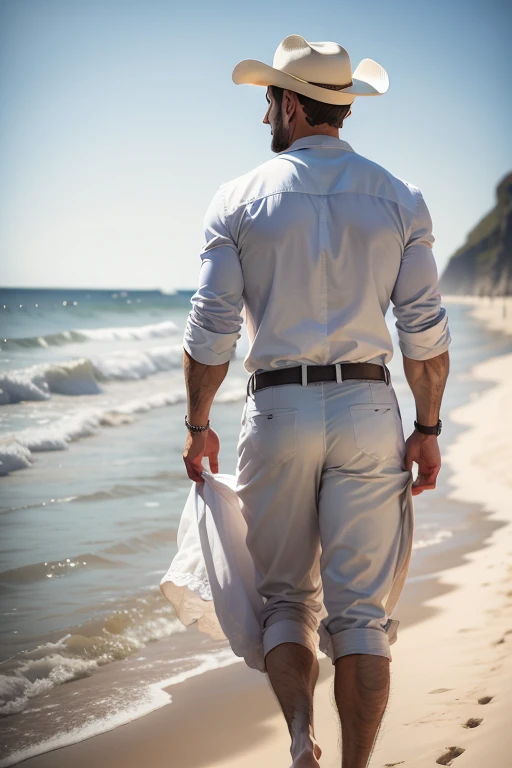 hombre de mediana edad, canoso,Hombres musculosos,culturismo,bragas blancas,junto a la playa,backside