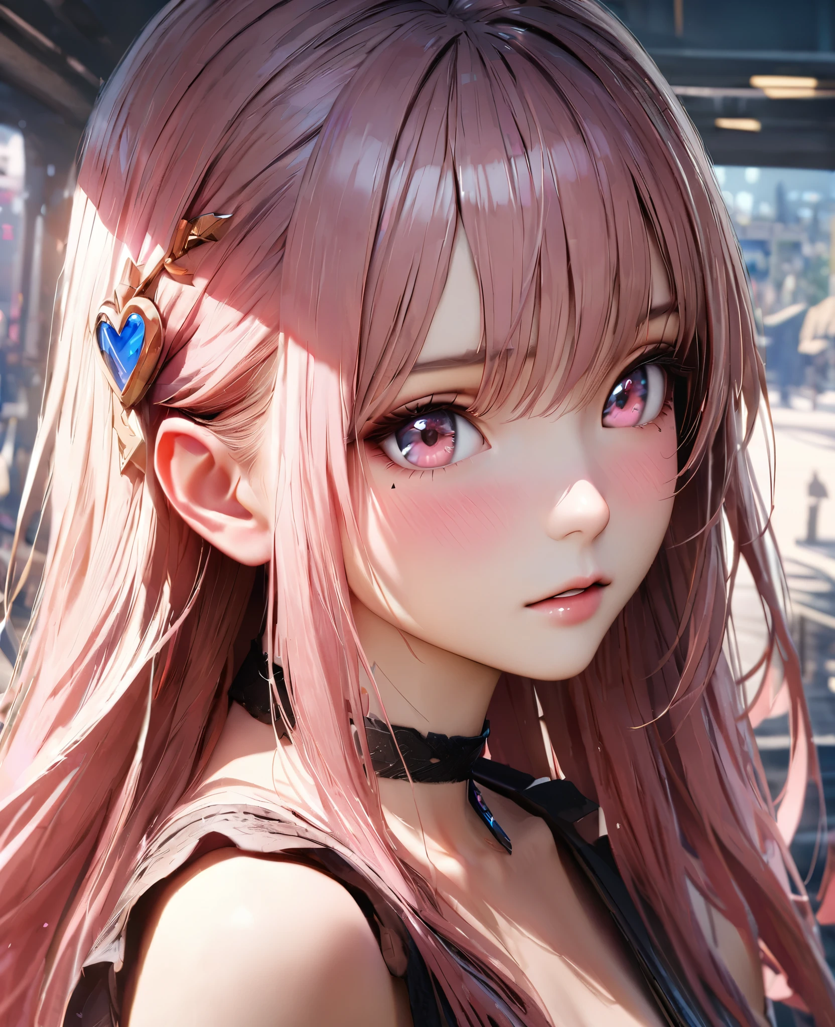 Masterpiece, Best Quality, Super Detailed, High Definition, Expensive Resolution, HDR, 4k, 8K, Unity 8k Wallpaper, Super Detailed CG, Masterpiece, Realistic, 2D, 3D, Beautiful Details, Depth, Fine Texture, Super Fine: 1.3, Complete concentration, crispy skin, him, very cute anime girl, high , expensive pink semi-long hair, one girl, solo, pink semi-long hair, high , mole under the eye, line of sight, expensive, blushing, parted closed lips, hair ornament, heart, pink eyes, choker