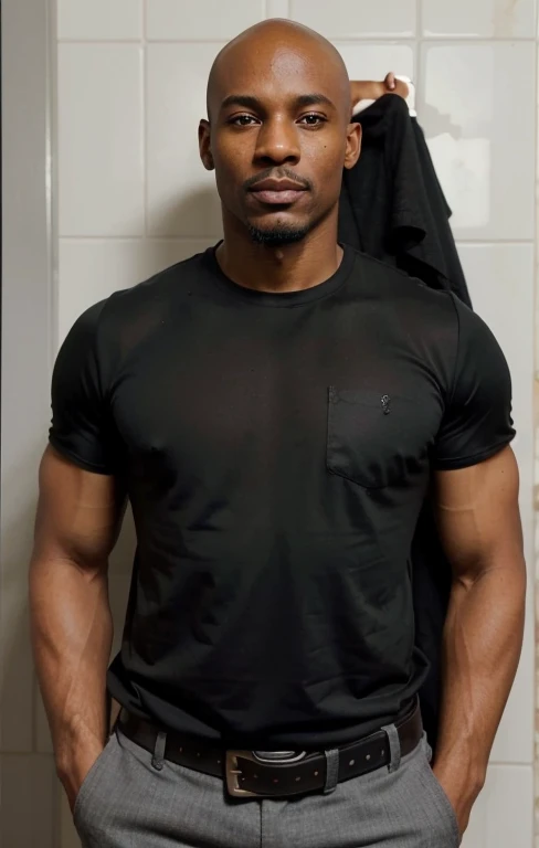 Nigerian man. Smooth and shiny Bald head. Mid 40's. Dark stubble, Rounder eyes. Crooked nose. Cleft chin. Square jaw. Muscular. Age lines in face. 3 , 3 5 years old old, skin porec skin, bald head, dark stubble, 5 o'clock Shadow, wearing a tight black T-shirt, tough looking man, prominent Adam's apple in neck, smirking, strong shoulders, smooth bald head, dense stubble, dark 5 o'clock Shadow on face, wearing a black T-shirt, smooth bald head, manly, blue jeans, mature and masculine face, black shirt, tough Nigerian man, muscular, lean abdomen with strong chest, has goatee and mustache, black man, very deep dark dark cocoa bean brown skin, African man, resembles Usain Bolt, wide nose, full lips, strong cocoa bean brown arms, bald head, blac pants, flat stomach, very thick mustache and goatee,