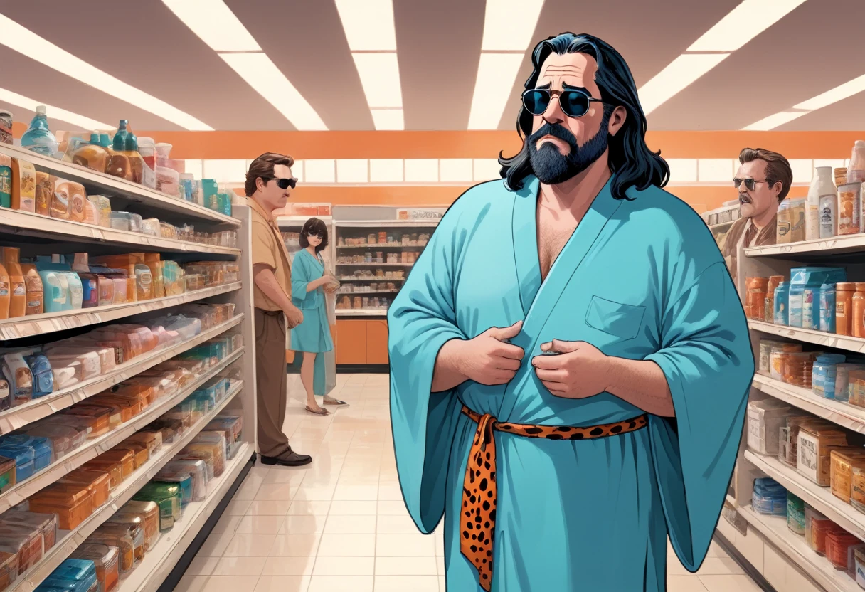 illustrate, (Flintstones, The Dude (big lebowski), inherent vice, style reference), hazy fever dream, inside convenience store past midnight, beyond place and time, visual jazz, (fred Flintstone, with black hair, thick eyebrows, a large nose, and tan beard stubble. He wears a deep sky blue or aqua teal-green necktie, an orange and animal print black-spotted loincloth, and has a large belly, portraying the Dude from Big Lebowski, wearing sunglass aviators and a loose fitting bathrobe), shopping in the aisles of a convenience store, food shelves, fish eye lens, panoramic view, hyper realism, too real, intense, hyper maximal, strange, cel shading, rich color grading, broad spectrum of ROYGBIV, deep warm hazy hues, hand drawn with realism, rotoscope, cinematic, framing and composition,